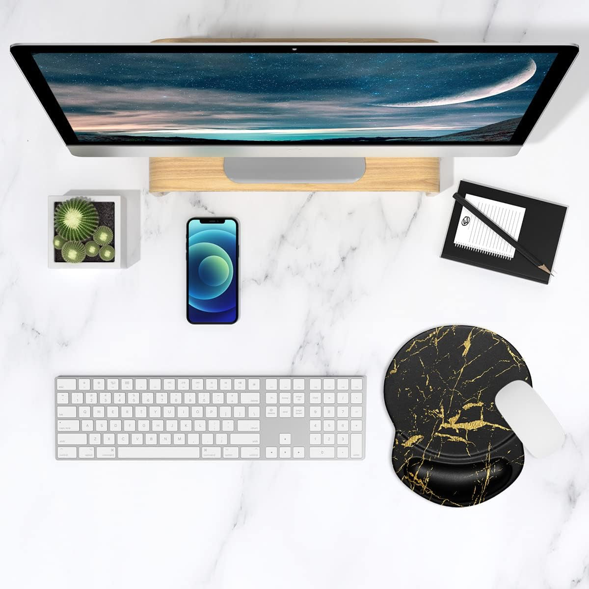 Ergonomic Mouse Pad with Gel Wrist Support Small Wrist Rest Smooth Surface Non-Slip PU Base Comfortable Office Supplies Pain Relief, 8.7 X 7.2 Inches, Black Gold Marble