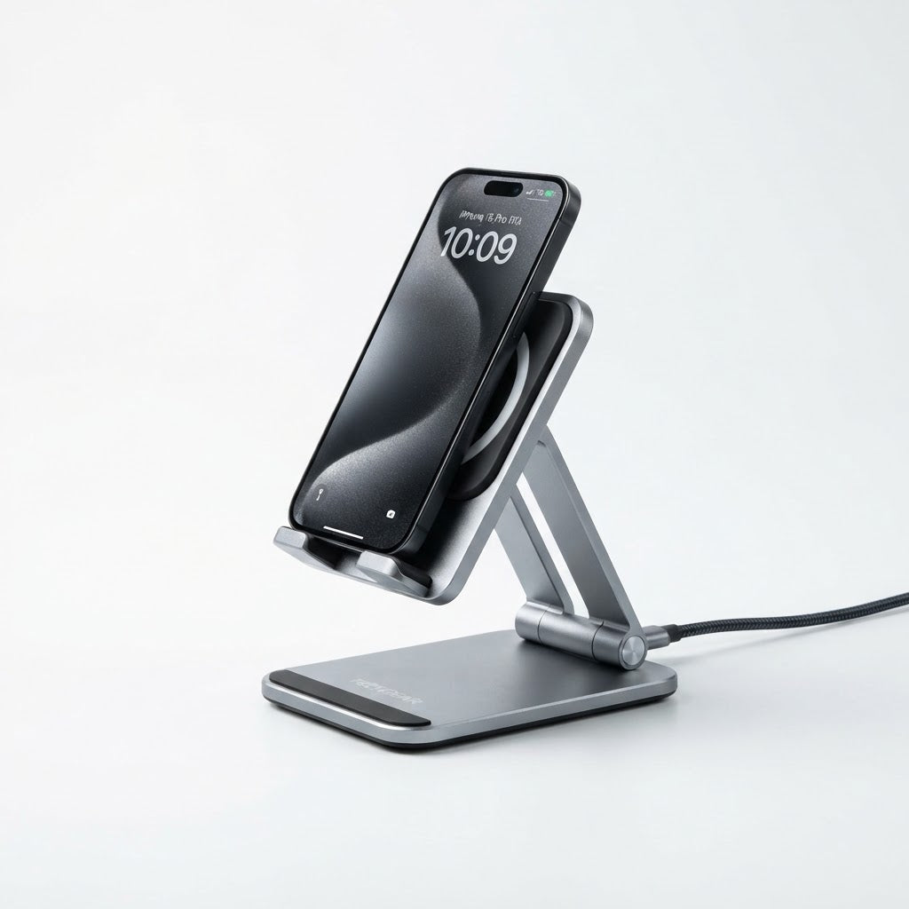 Foldable wireless charging phone stand for desk and nightstand use