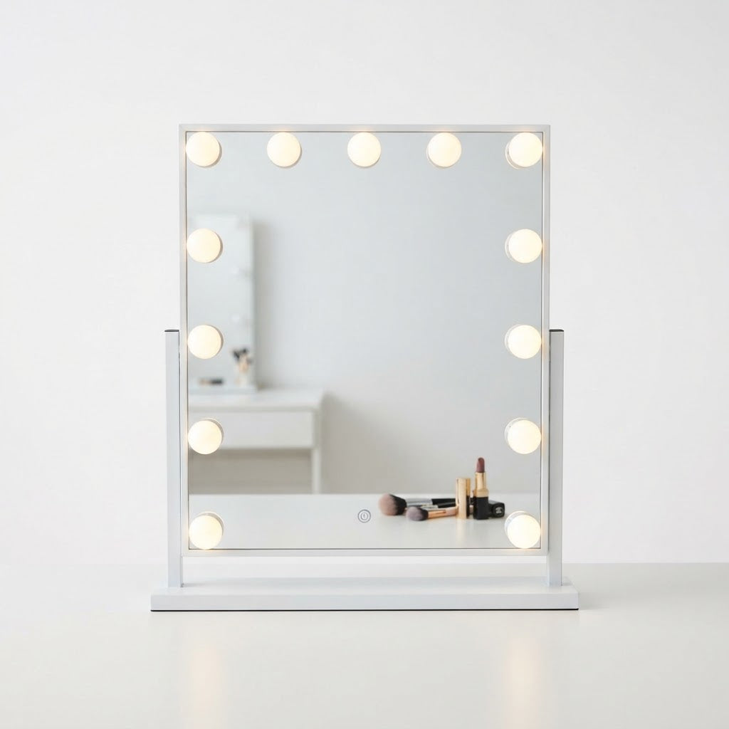 LED makeup vanity mirror with light bulbs around the frame