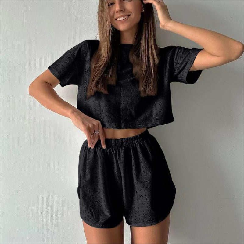 2Pcs Casual Hollow Suit with Short-Sleeved Crop Top and Elastic Slit Shorts Summer Fashion Sport Clothing for Women