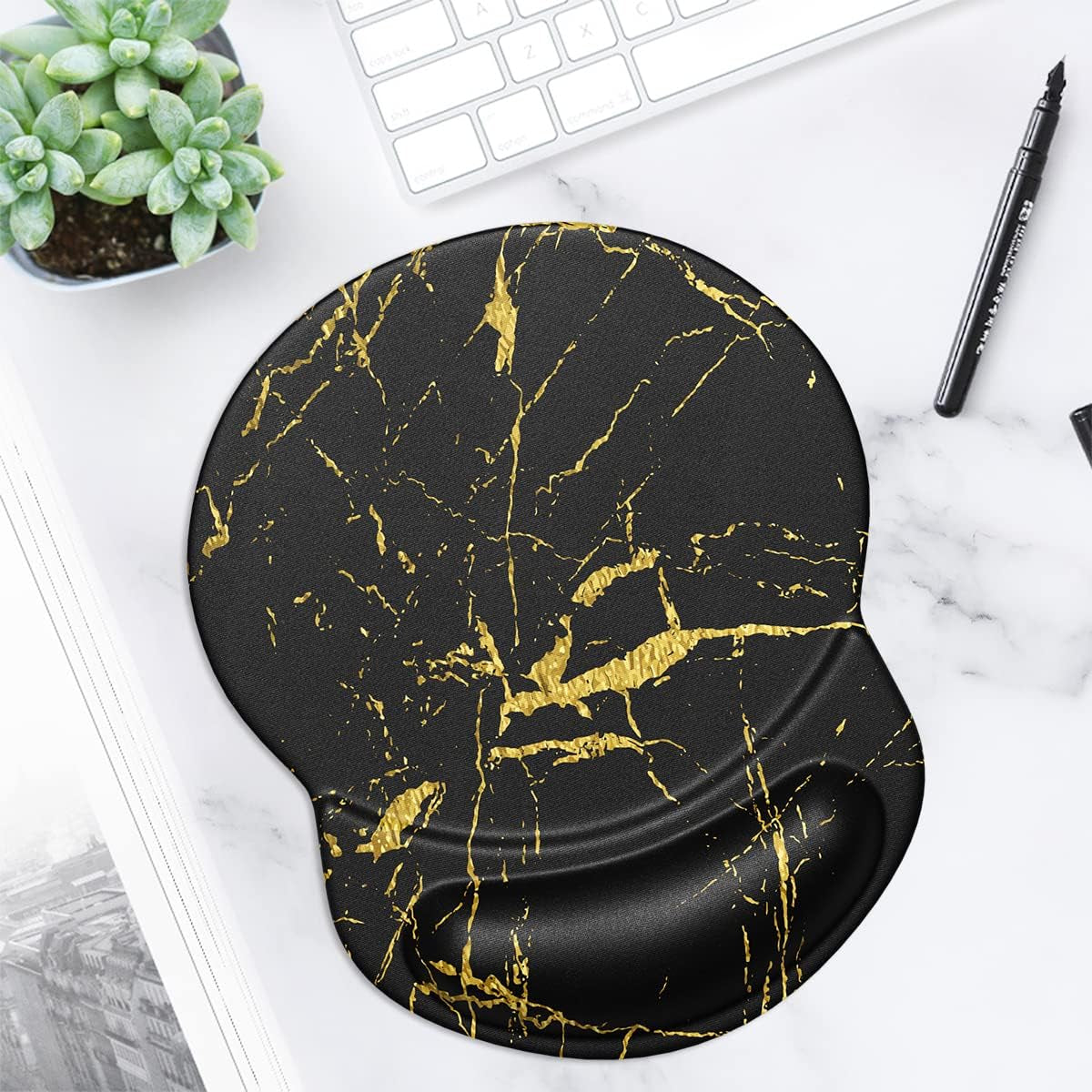 Ergonomic Mouse Pad with Gel Wrist Support Small Wrist Rest Smooth Surface Non-Slip PU Base Comfortable Office Supplies Pain Relief, 8.7 X 7.2 Inches, Black Gold Marble