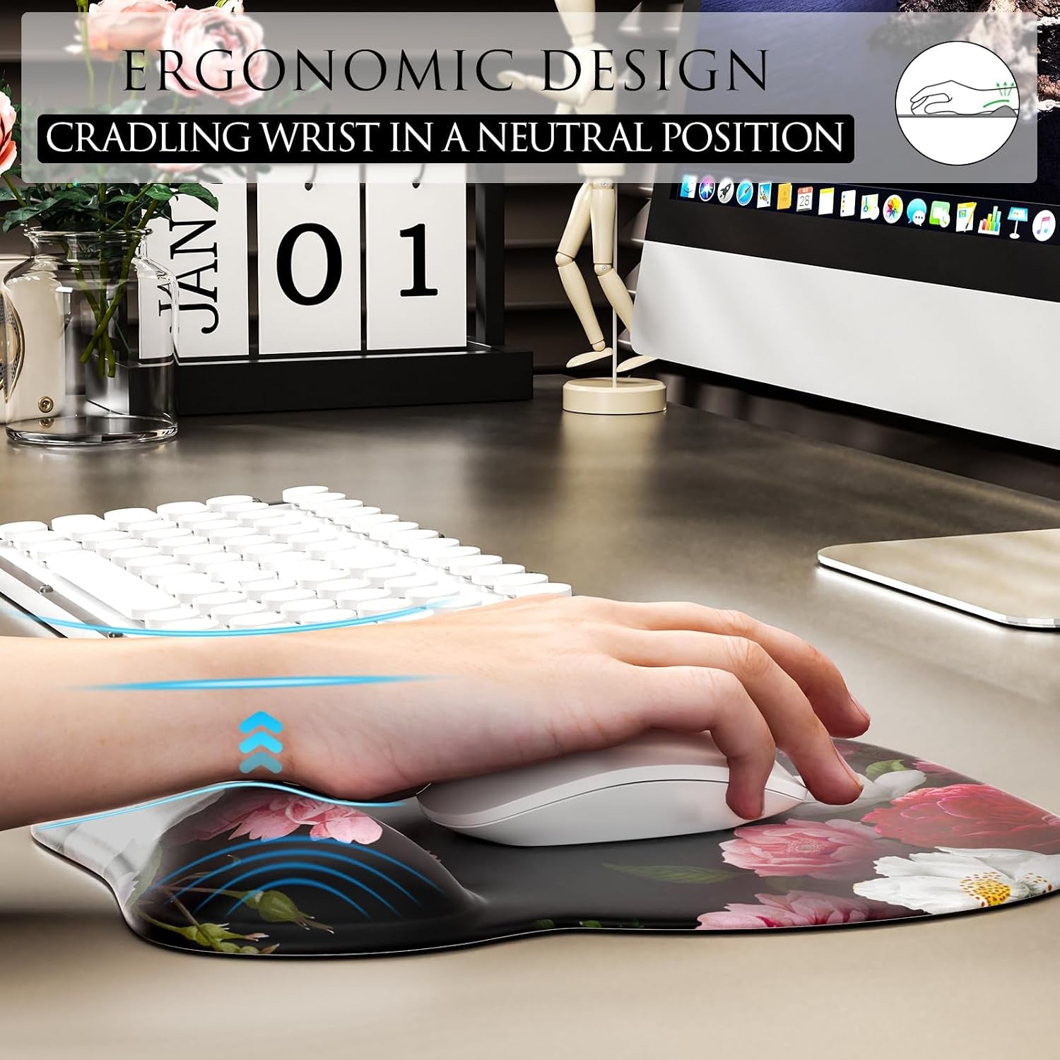 Ergonomic Mouse Pad with Gel Wrist Rest, 9.4 X 8.1 In, Black Flower | Ergonomic Shape Design, Multiple Pattern Options, Gel Wrist Comfort, Smooth Lycra Surface, Non-Slip PU Base