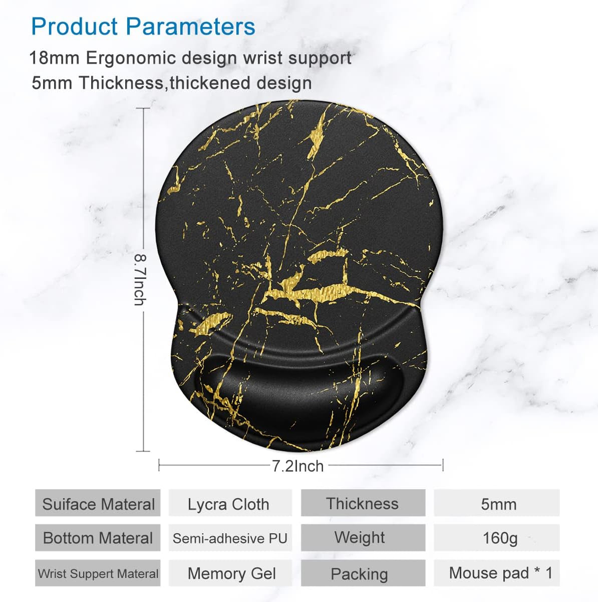 Ergonomic Mouse Pad with Gel Wrist Support Small Wrist Rest Smooth Surface Non-Slip PU Base Comfortable Office Supplies Pain Relief, 8.7 X 7.2 Inches, Black Gold Marble