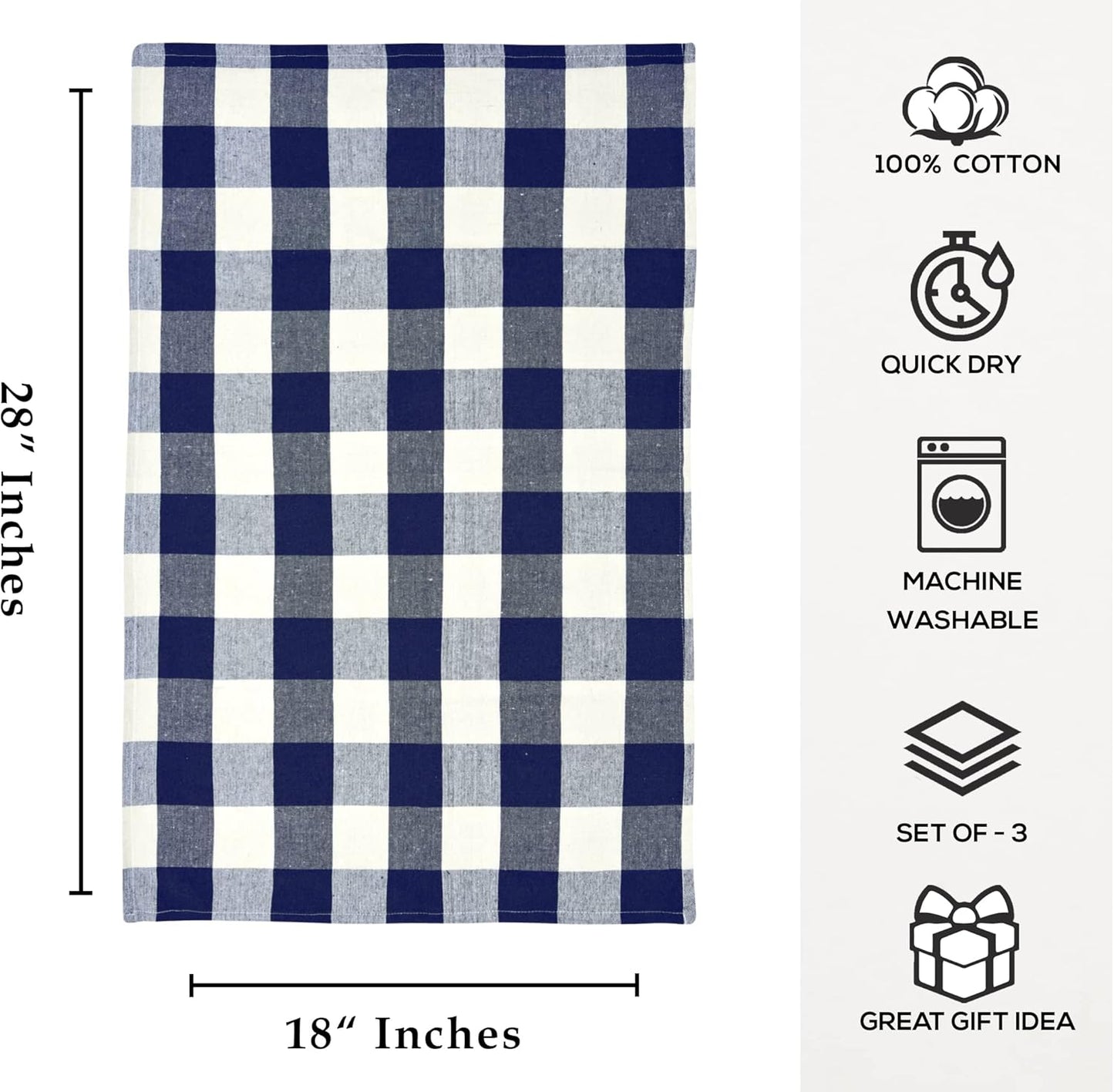 Blue Kitchen Towels, Set of 3, 100% Cotton Dish Towels, Navy Blue Checkered Towels, Buffalo Plaid Kitchen Dishcloths, Absorbent Tea Towels for Drying Dishes, Gingham Farmhouse Hand Towels, 18X28