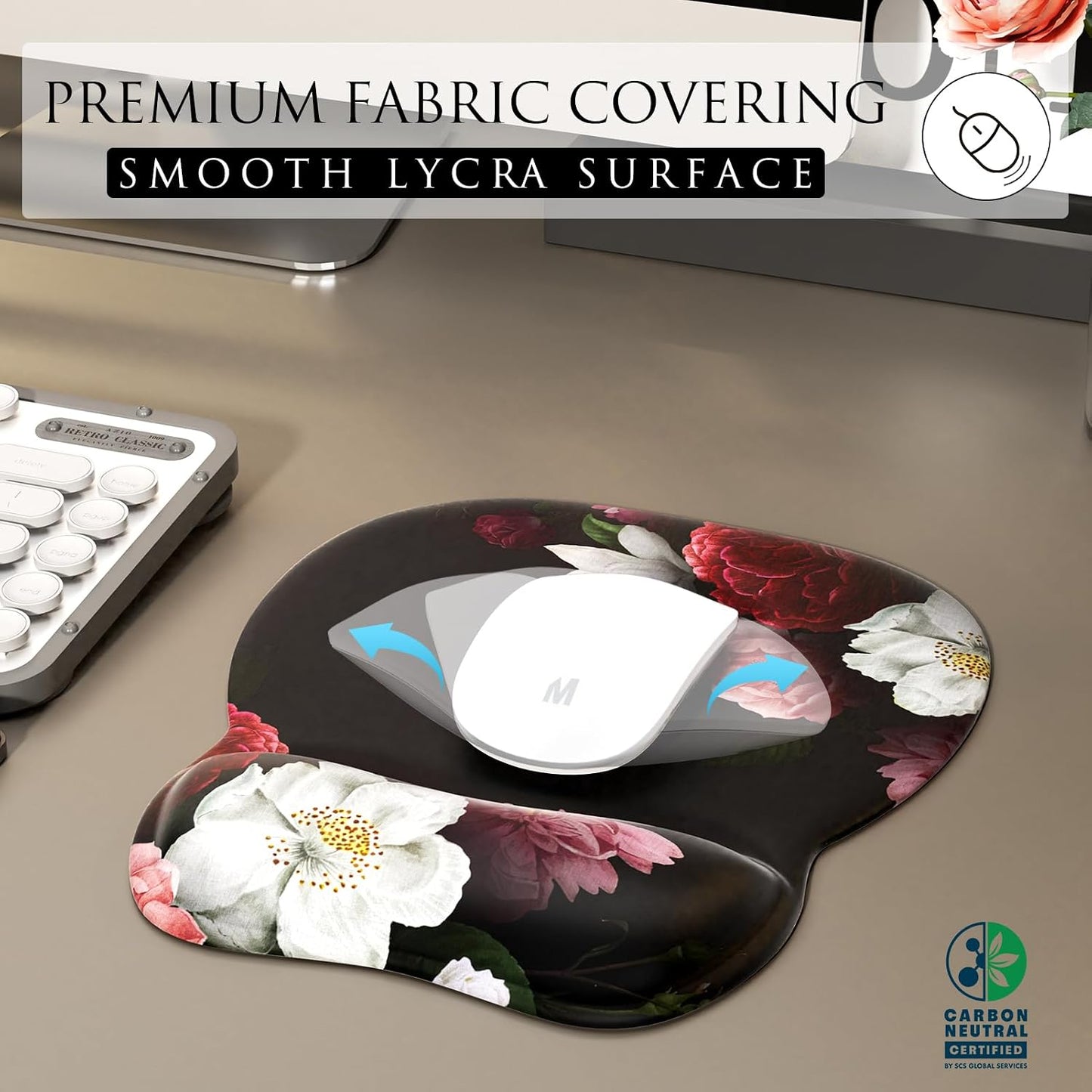 Ergonomic Mouse Pad with Gel Wrist Rest, 9.4 X 8.1 In, Black Flower | Ergonomic Shape Design, Multiple Pattern Options, Gel Wrist Comfort, Smooth Lycra Surface, Non-Slip PU Base