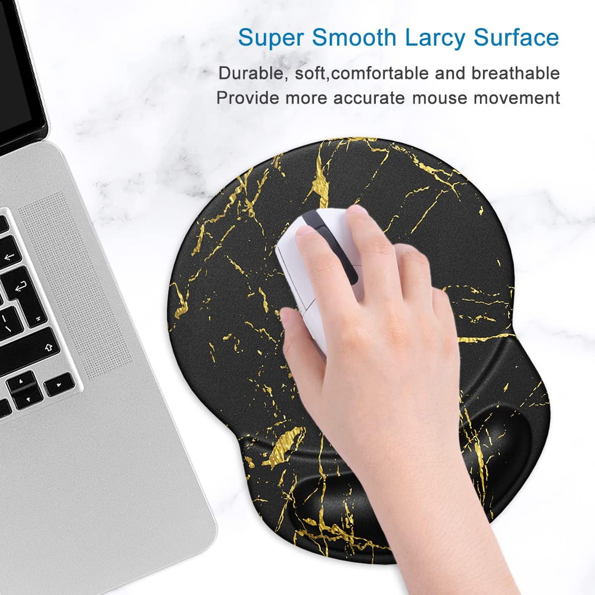 Ergonomic Mouse Pad with Gel Wrist Support Small Wrist Rest Smooth Surface Non-Slip PU Base Comfortable Office Supplies Pain Relief, 8.7 X 7.2 Inches, Black Gold Marble