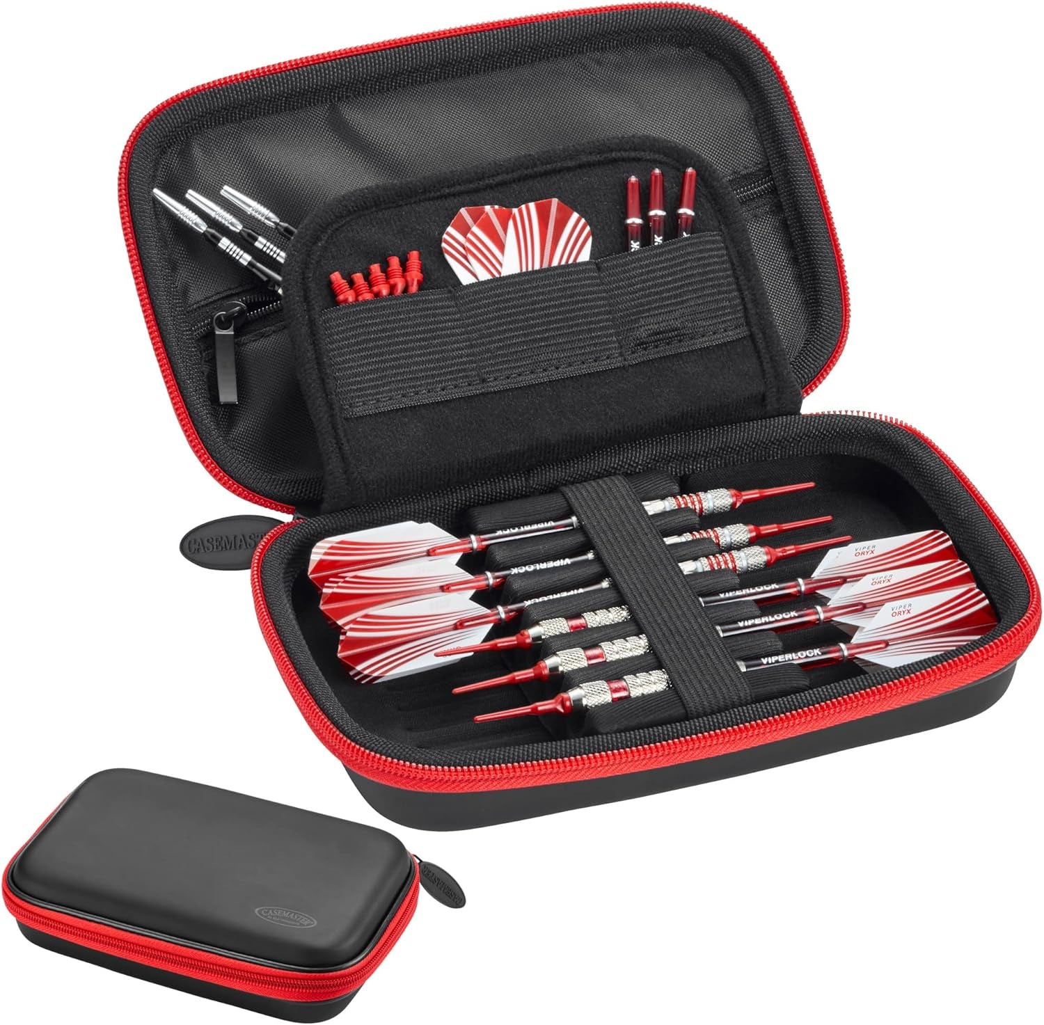 Sentinel 6 Dart Case, Holds Extra Accessories, Tips, Shafts and Flights, Compatible with Steel and Soft Tip Darts, Impact & Water Resistant Tactech Shell, Red Zipper