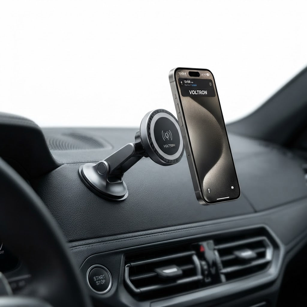 Magnetic wireless car phone mount and charger for dashboard mounting