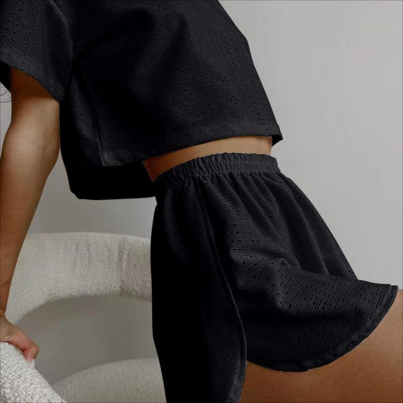 2Pcs Casual Hollow Suit with Short-Sleeved Crop Top and Elastic Slit Shorts Summer Fashion Sport Clothing for Women