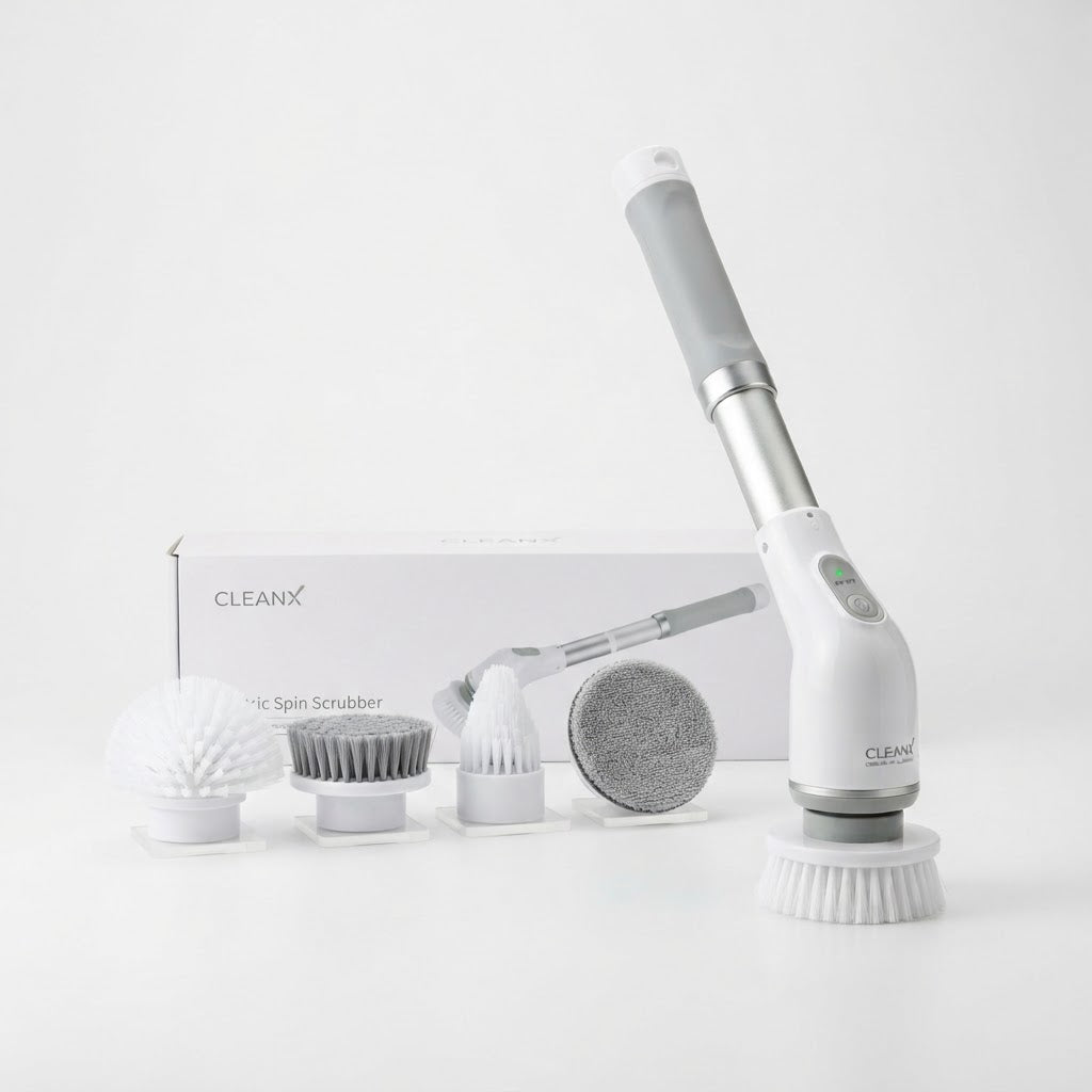 Cordless electric spin scrubber cleaning brush with interchangeable heads
