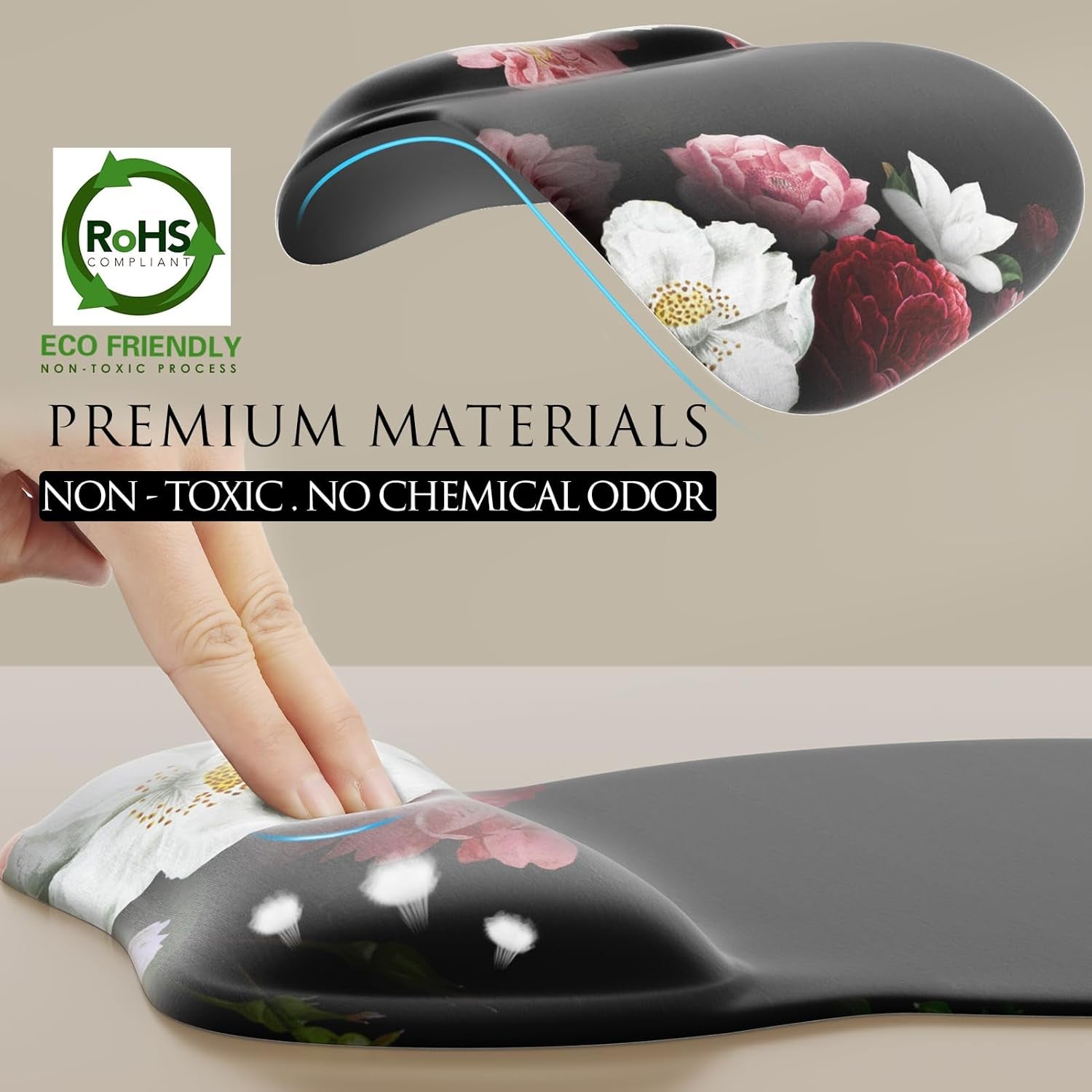 Ergonomic Mouse Pad with Gel Wrist Rest, 9.4 X 8.1 In, Black Flower | Ergonomic Shape Design, Multiple Pattern Options, Gel Wrist Comfort, Smooth Lycra Surface, Non-Slip PU Base