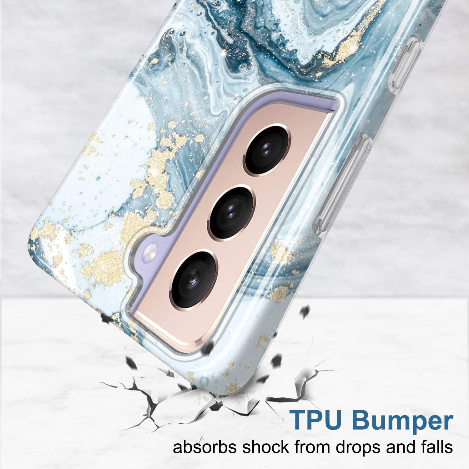 Galaxy S21 Case Gold Sparkle Glitter Marble Slim Shockproof TPU Soft Rubber Silicone Cover Phone Case for Samsung Galaxy S21 5G 6.2 Inch 2021 Blue