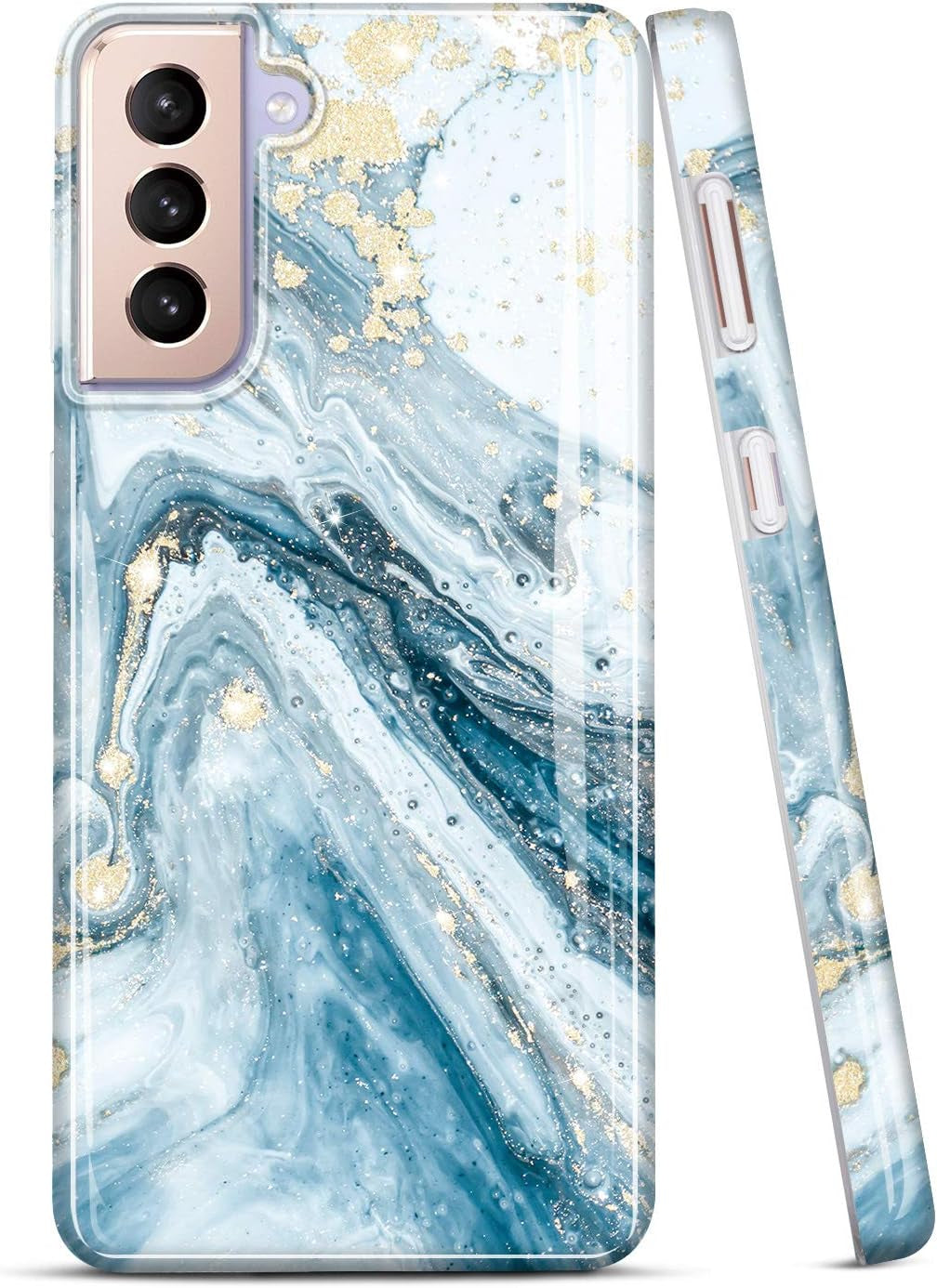 Galaxy S21 Case Gold Sparkle Glitter Marble Slim Shockproof TPU Soft Rubber Silicone Cover Phone Case for Samsung Galaxy S21 5G 6.2 Inch 2021 Blue