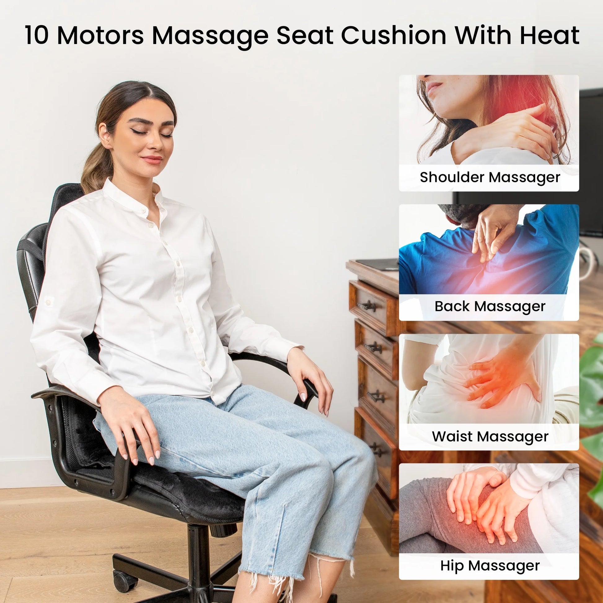 Vibration Massage Seat Cushion, 10 Motors Back Massager with Heat Chair Pad, Deep Gray