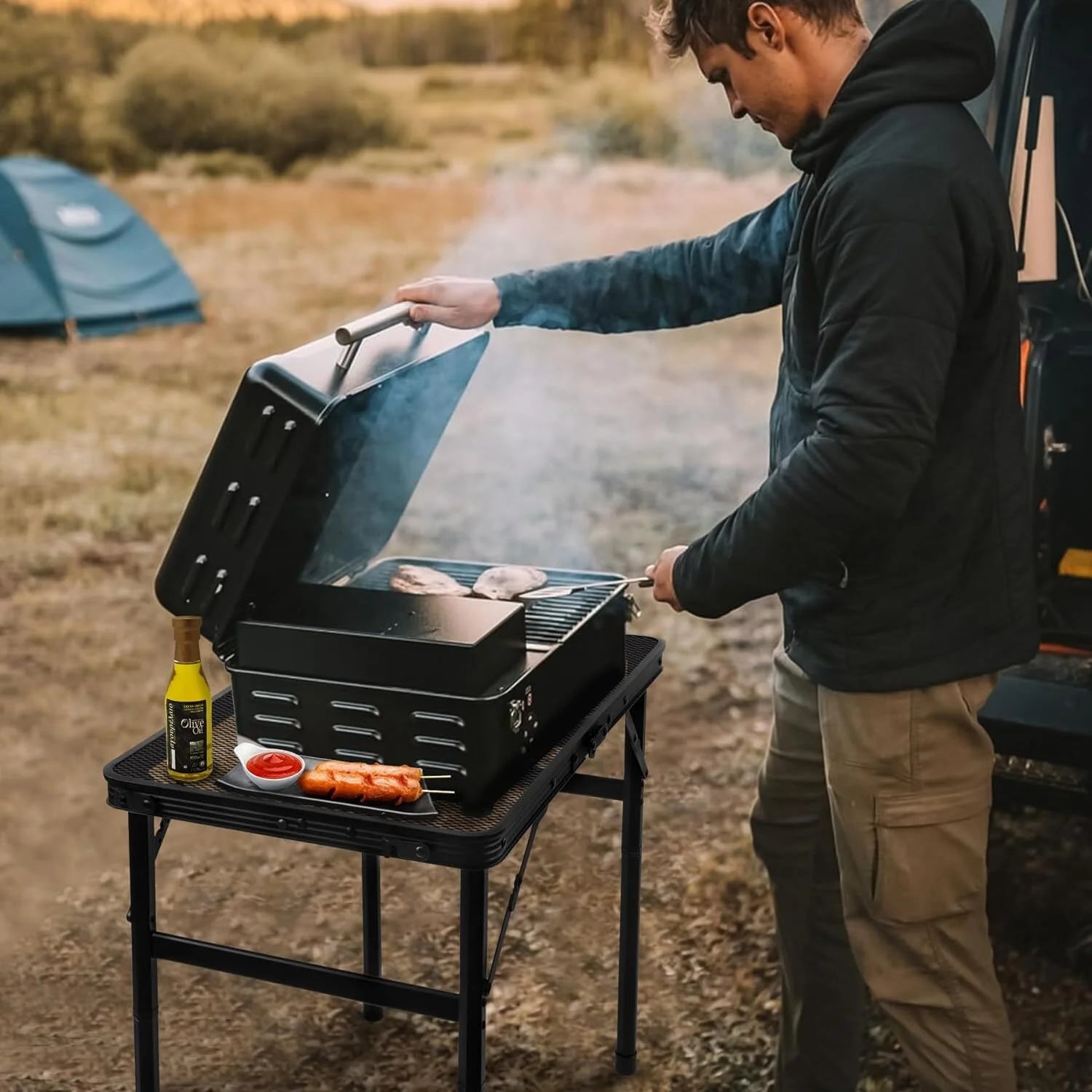 Lightweight Folding Grill Table with Mesh Desktop, Camping Table Folding Portable Camp Aluminum ,Picnic, Backyard, BBQ, Patio, Black