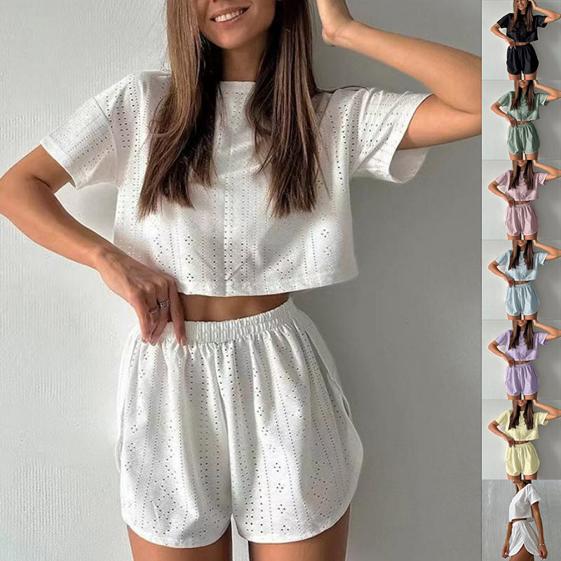2Pcs Casual Hollow Suit with Short-Sleeved Crop Top and Elastic Slit Shorts Summer Fashion Sport Clothing for Women