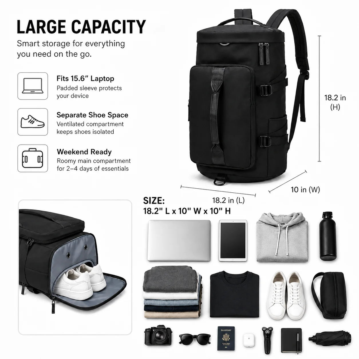 Overnight Bag Gym Travel Duffle Bag for Men and Women Weekender, Multifunctional, Black