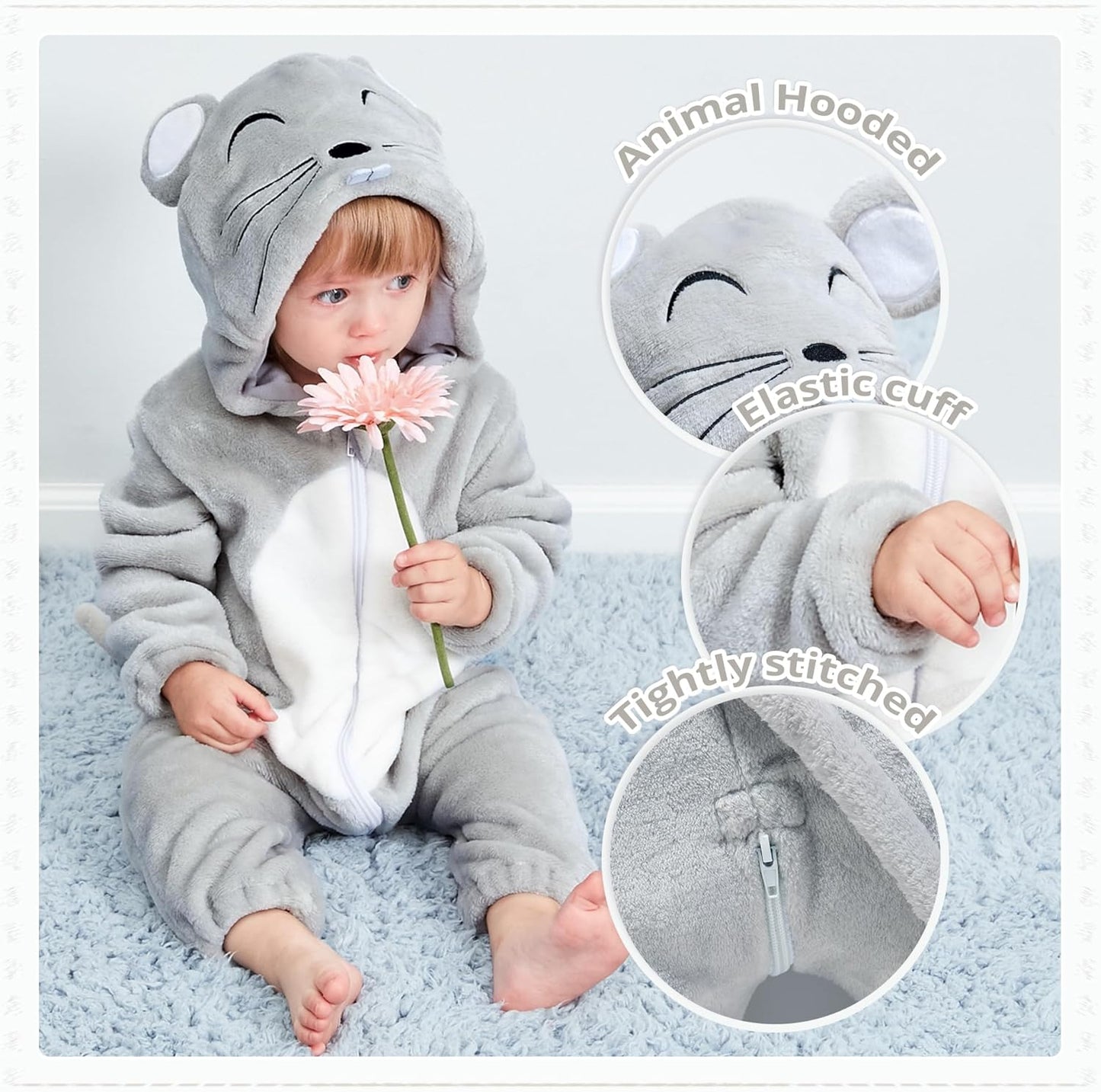 Unisex Baby Animal Costume Flannel Hooded Romper Cosplay Jumpsuit | Halloween, Winter Autumn Onesie, 0-5T, Machine Wash