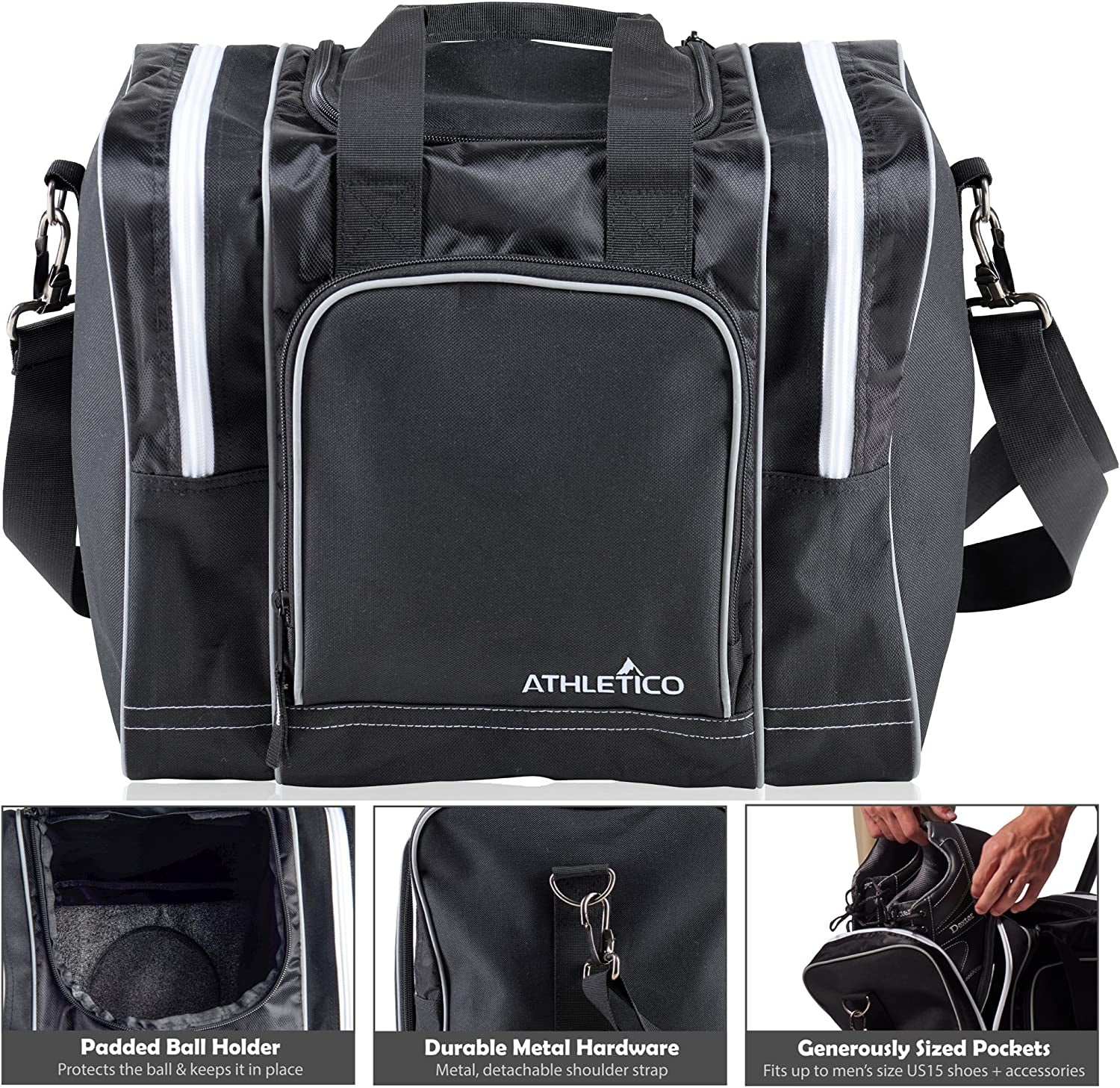 Bowling Bag for Single Ball - Single Ball Tote Bag with Padded Ball Holder - Fits a Single Pair of Bowling Shoes up to Mens Size 14