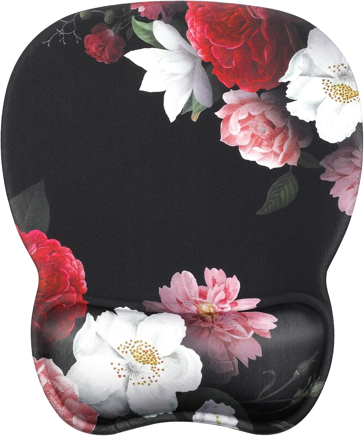 Ergonomic Mouse Pad with Gel Wrist Rest, 9.4 X 8.1 In, Black Flower | Ergonomic Shape Design, Multiple Pattern Options, Gel Wrist Comfort, Smooth Lycra Surface, Non-Slip PU Base
