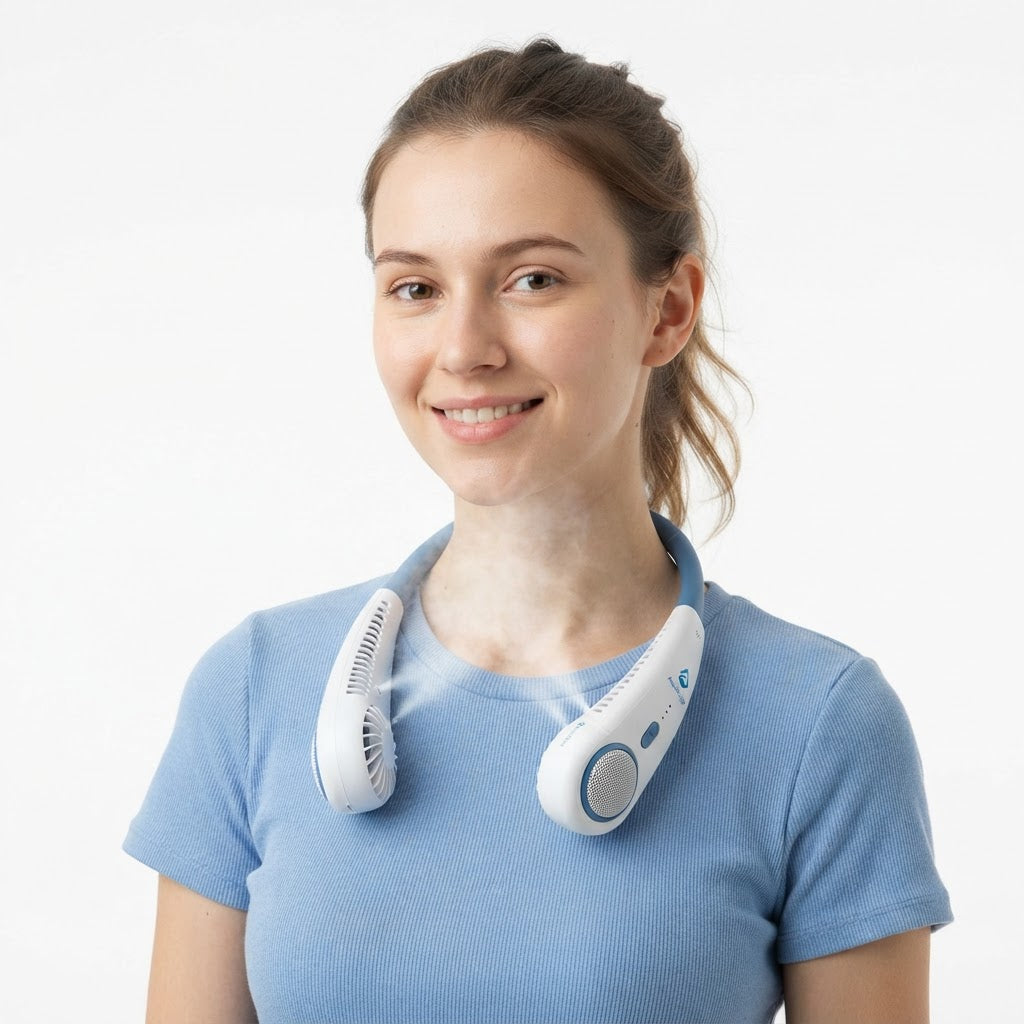 Portable neck fan with misting cooling feature for summer heat relief