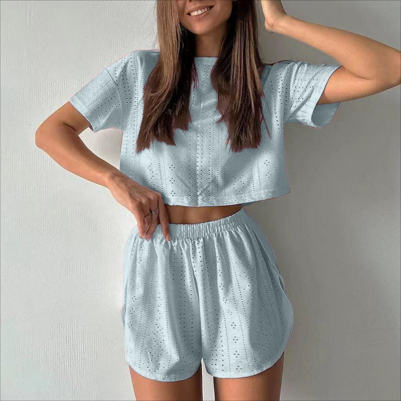 2Pcs Casual Hollow Suit with Short-Sleeved Crop Top and Elastic Slit Shorts Summer Fashion Sport Clothing for Women