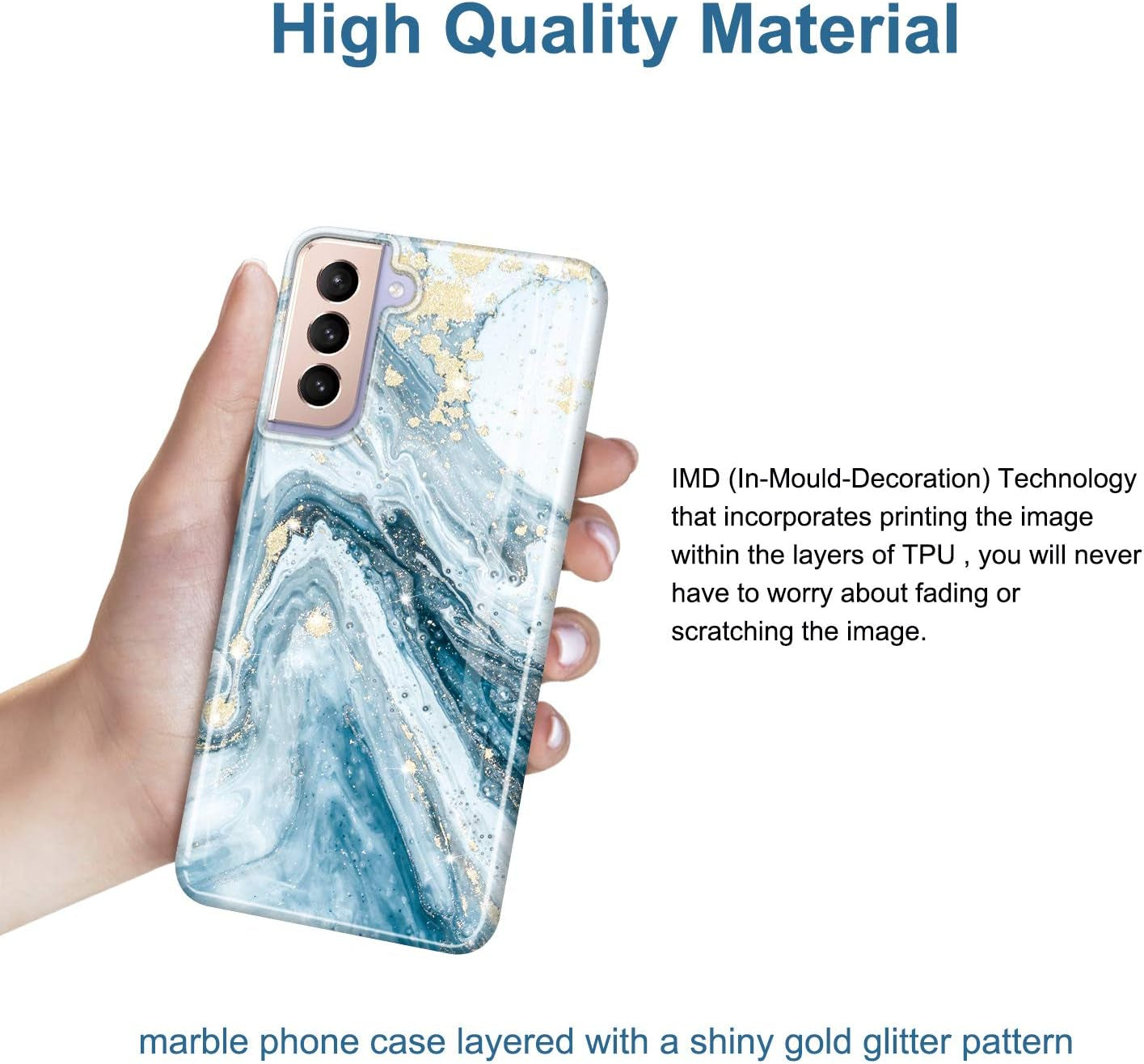 Galaxy S21 Case Gold Sparkle Glitter Marble Slim Shockproof TPU Soft Rubber Silicone Cover Phone Case for Samsung Galaxy S21 5G 6.2 Inch 2021 Blue