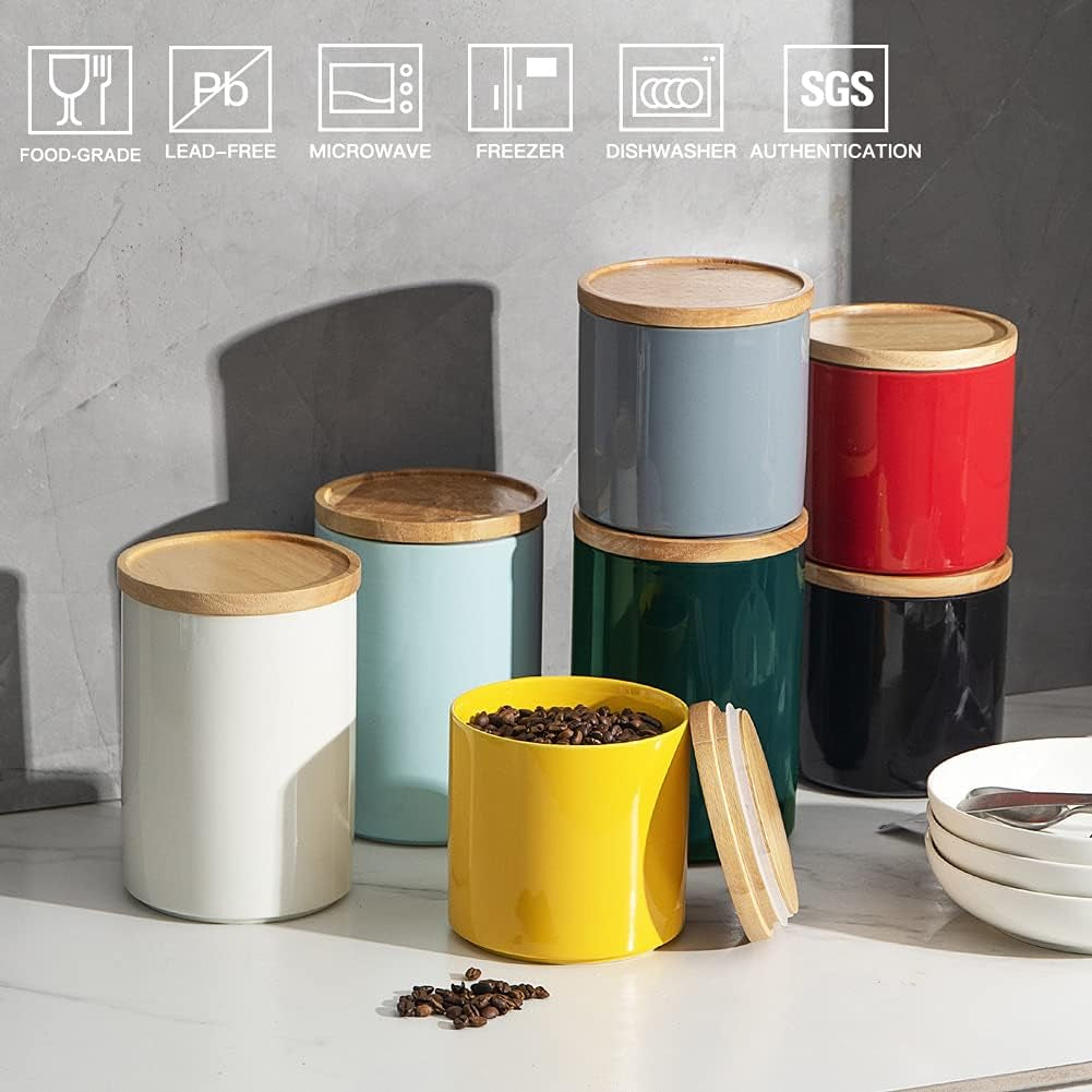 Sweejar Kitchen Canisters Ceramic Food Storage Jar, Stackable Containers with Airtight Seal Wooden Lid for Serving Coffee Bean, Flour, Tea, Cookies and More - 58 Fl Oz(Yellow)