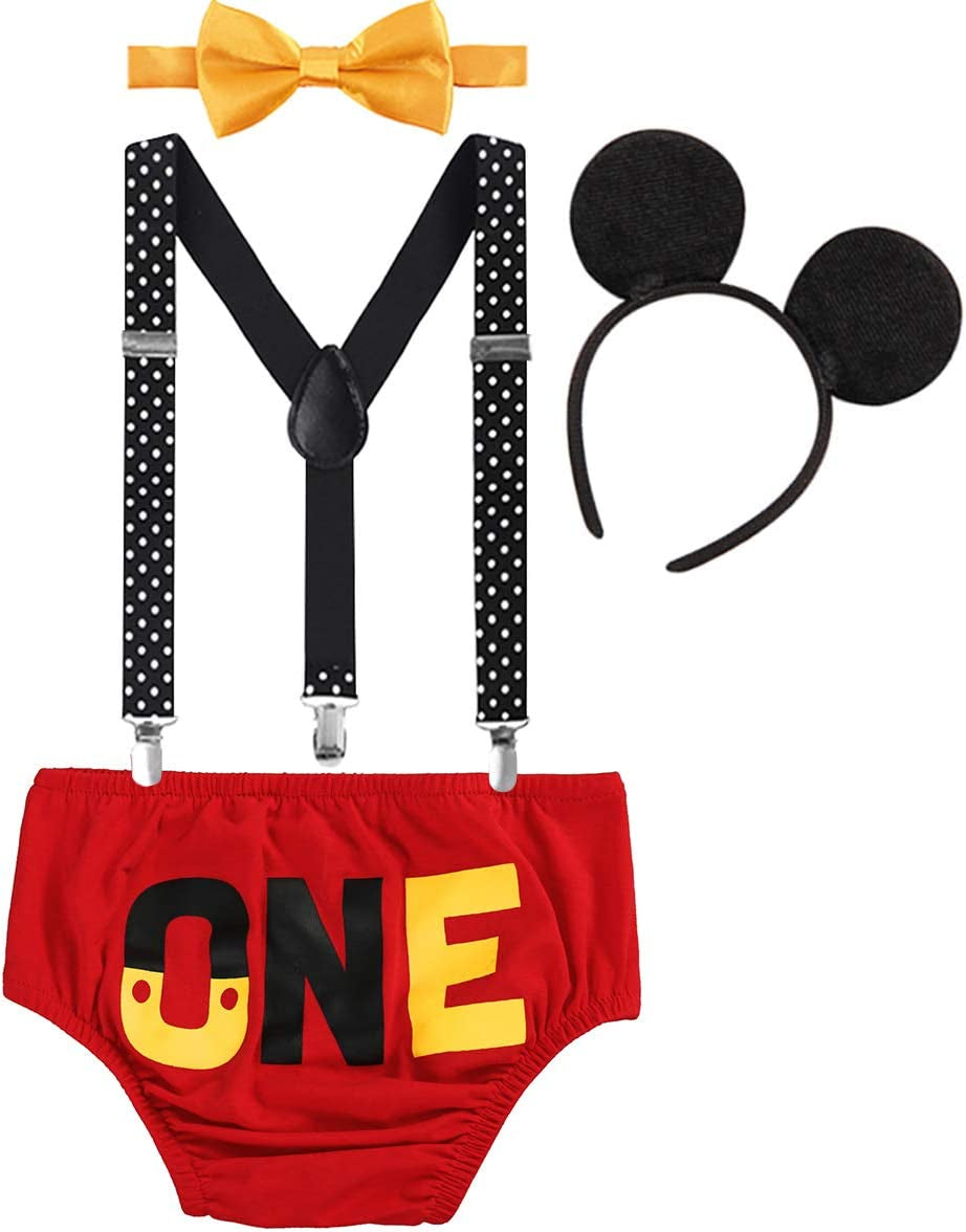 Baby Boys First Birthday 1St/2Nd/3Rd Cake Smash Outfits Y Back Suspenders Bloomers Bowtie Set Mouse Ear