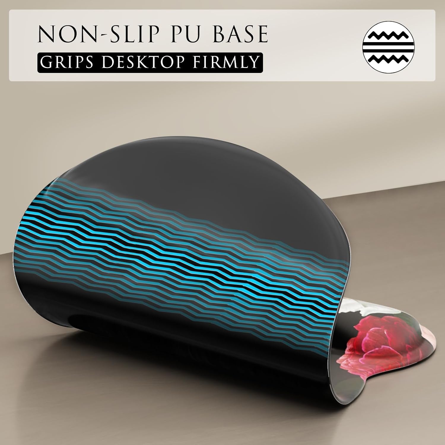 Ergonomic Mouse Pad with Gel Wrist Rest, 9.4 X 8.1 In, Black Flower | Ergonomic Shape Design, Multiple Pattern Options, Gel Wrist Comfort, Smooth Lycra Surface, Non-Slip PU Base