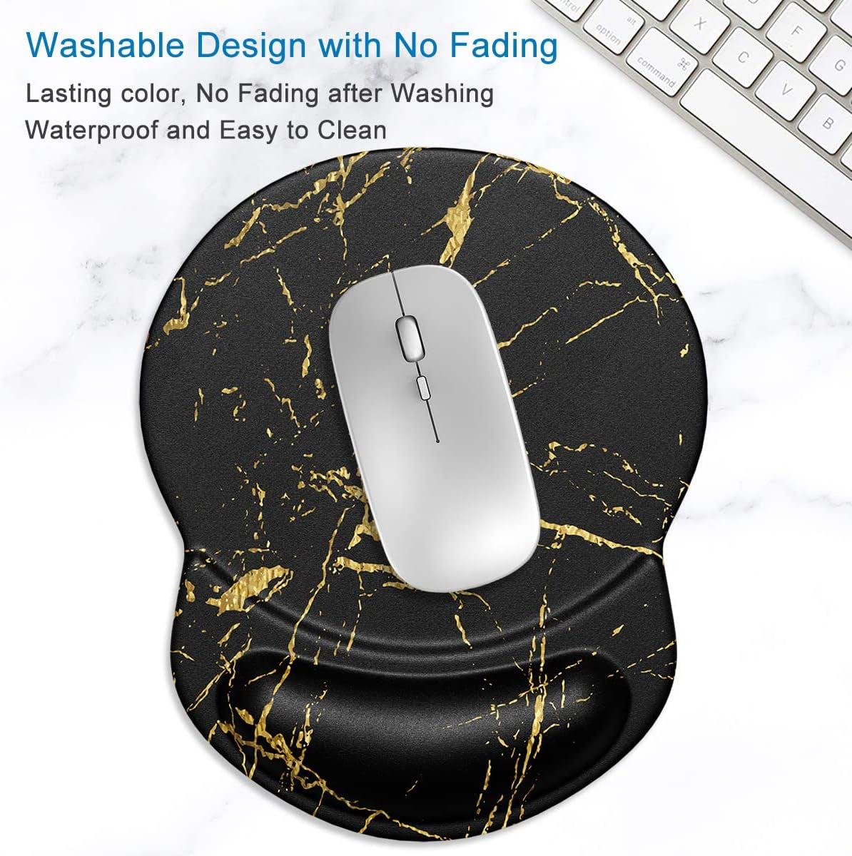 Ergonomic Mouse Pad with Gel Wrist Support Small Wrist Rest Smooth Surface Non-Slip PU Base Comfortable Office Supplies Pain Relief, 8.7 X 7.2 Inches, Black Gold Marble