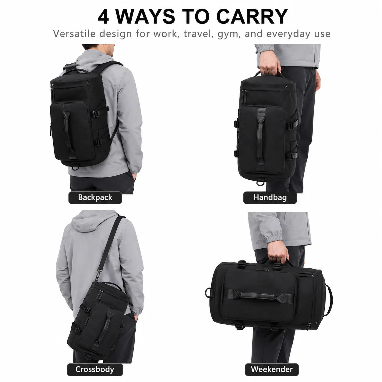 Overnight Bag Gym Travel Duffle Bag for Men and Women Weekender, Multifunctional, Black