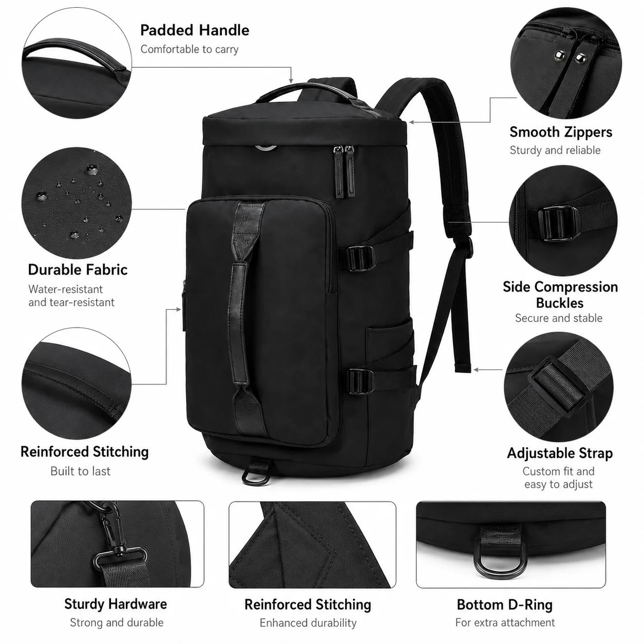 Overnight Bag Gym Travel Duffle Bag for Men and Women Weekender, Multifunctional, Black