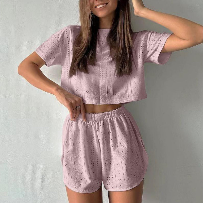 2Pcs Casual Hollow Suit with Short-Sleeved Crop Top and Elastic Slit Shorts Summer Fashion Sport Clothing for Women