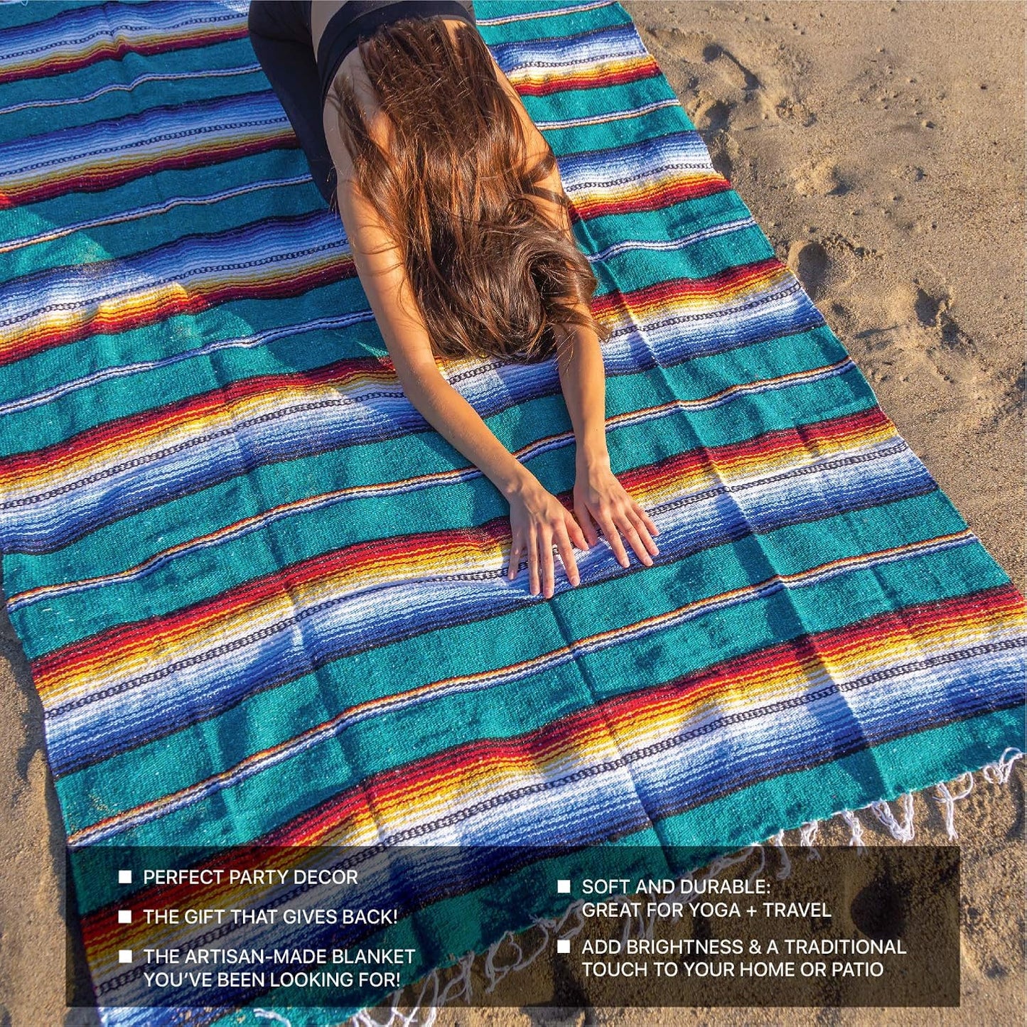 Mexican Blanket, Authentic Handwoven Yoga Blanket & Outdoor Blanket, Made by Traditional Mexican Artisans, Saddle Blanket, Beach Blanket, Picnic Blanket, & Car Blanket 75 X 52 - Agua