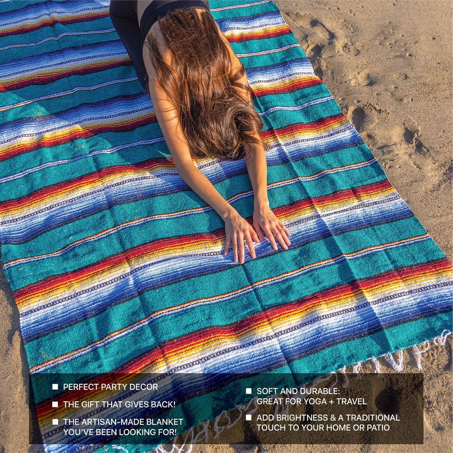 Mexican Blanket, Authentic Handwoven Yoga Blanket & Outdoor Blanket, Made by Traditional Mexican Artisans, Saddle Blanket, Beach Blanket, Picnic Blanket, & Car Blanket 75 X 52 - Agua