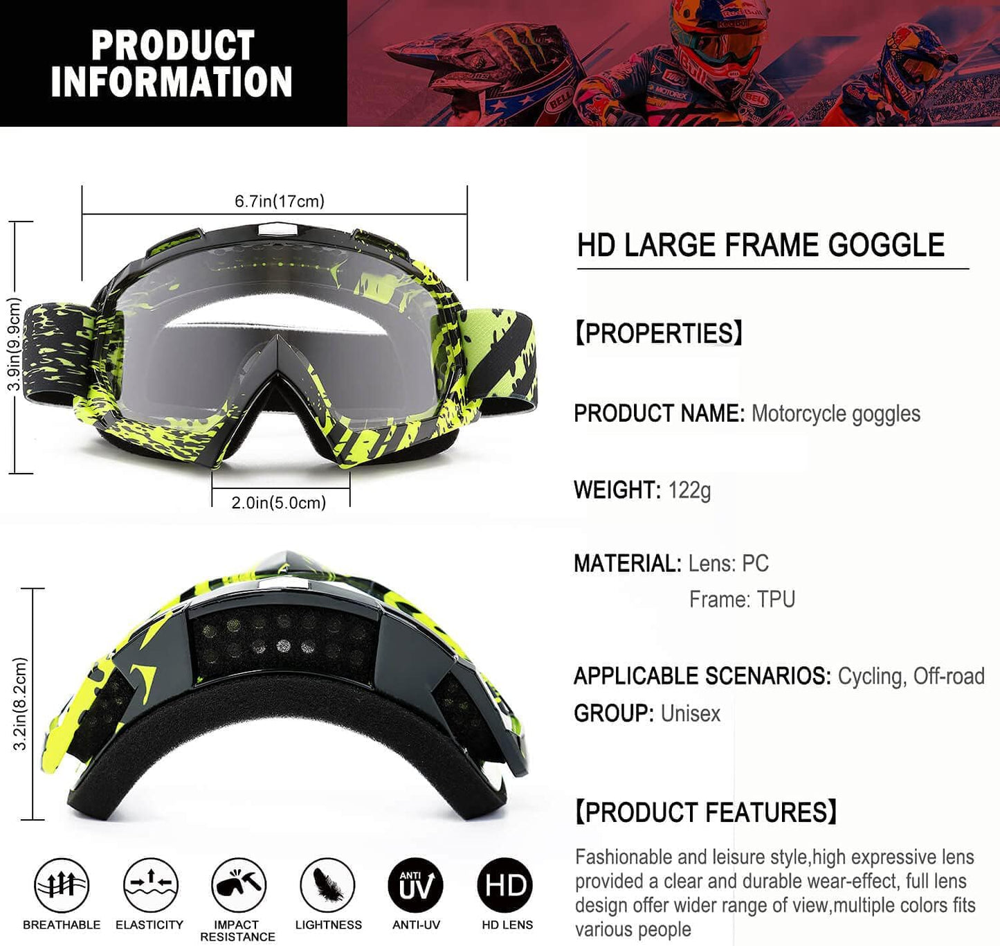 Motocross Dirt Bike Motorcycle Goggles for Youth and Adult | UV400 Windproof Dustproof,Offroad ATV MX General Riding Goggles,With Adjustable Strap