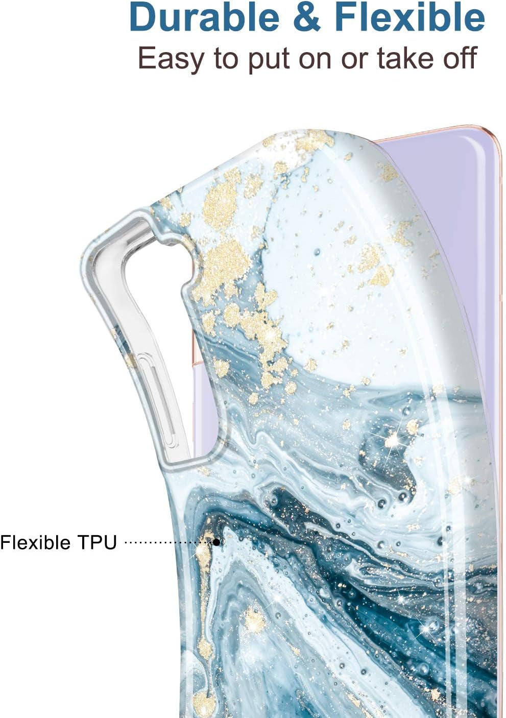 Galaxy S21 Case Gold Sparkle Glitter Marble Slim Shockproof TPU Soft Rubber Silicone Cover Phone Case for Samsung Galaxy S21 5G 6.2 Inch 2021 Blue