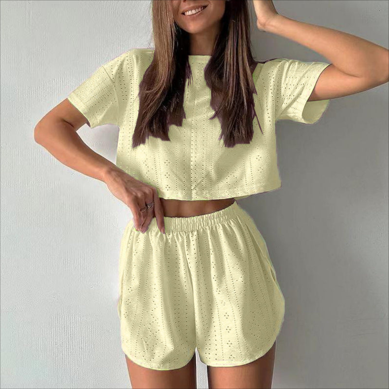 2Pcs Casual Hollow Suit with Short-Sleeved Crop Top and Elastic Slit Shorts Summer Fashion Sport Clothing for Women