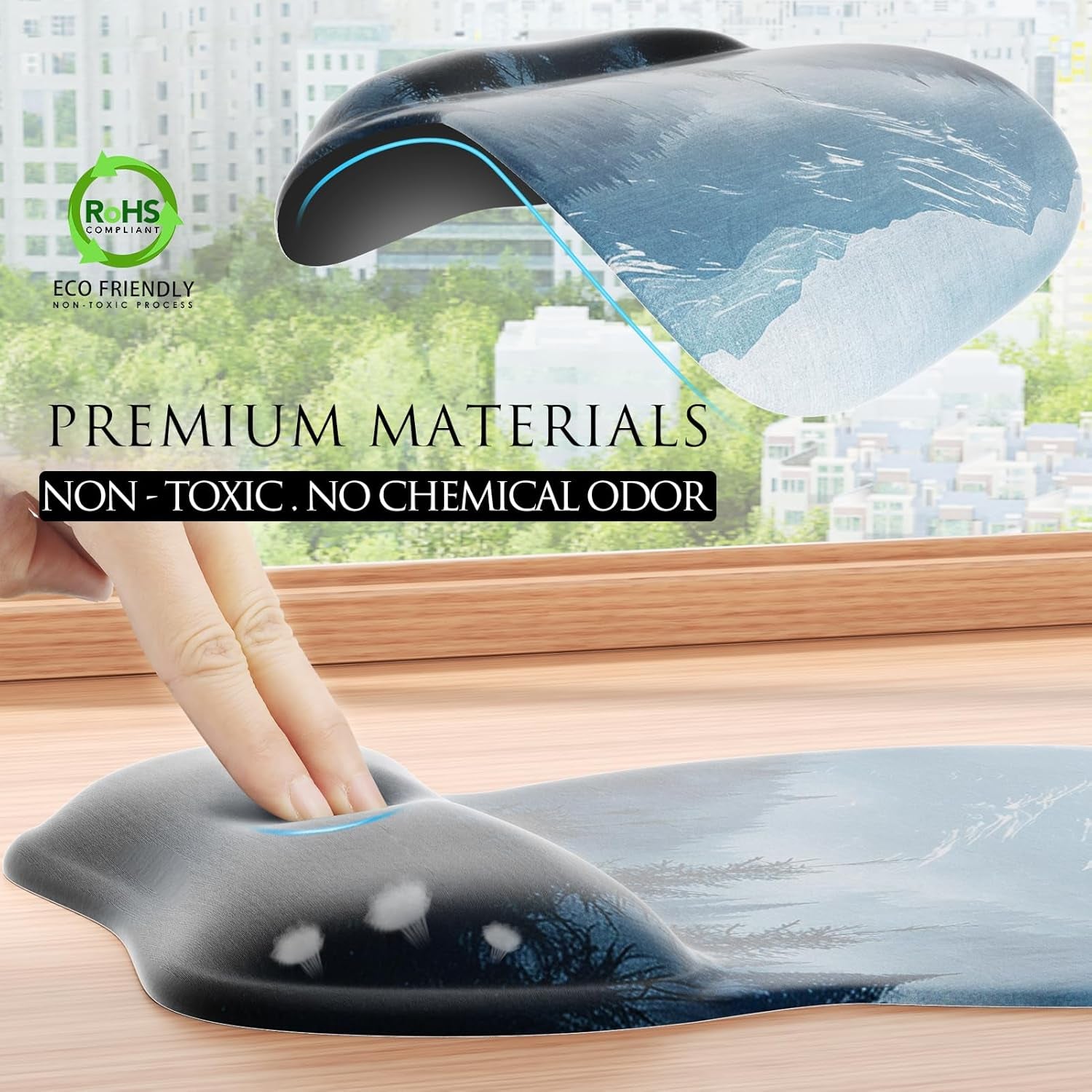 Ergonomic Mouse Pad with Gel Wrist Rest, 9.4 X 8.1 In, Cloud Forest | Ergonomic Shape Design, Multiple Pattern Options, Gel Wrist Comfort, Smooth Lycra Surface, Non-Slip PU Base