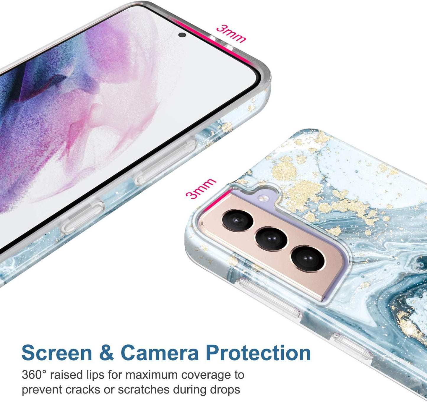 Galaxy S21 Case Gold Sparkle Glitter Marble Slim Shockproof TPU Soft Rubber Silicone Cover Phone Case for Samsung Galaxy S21 5G 6.2 Inch 2021 Blue
