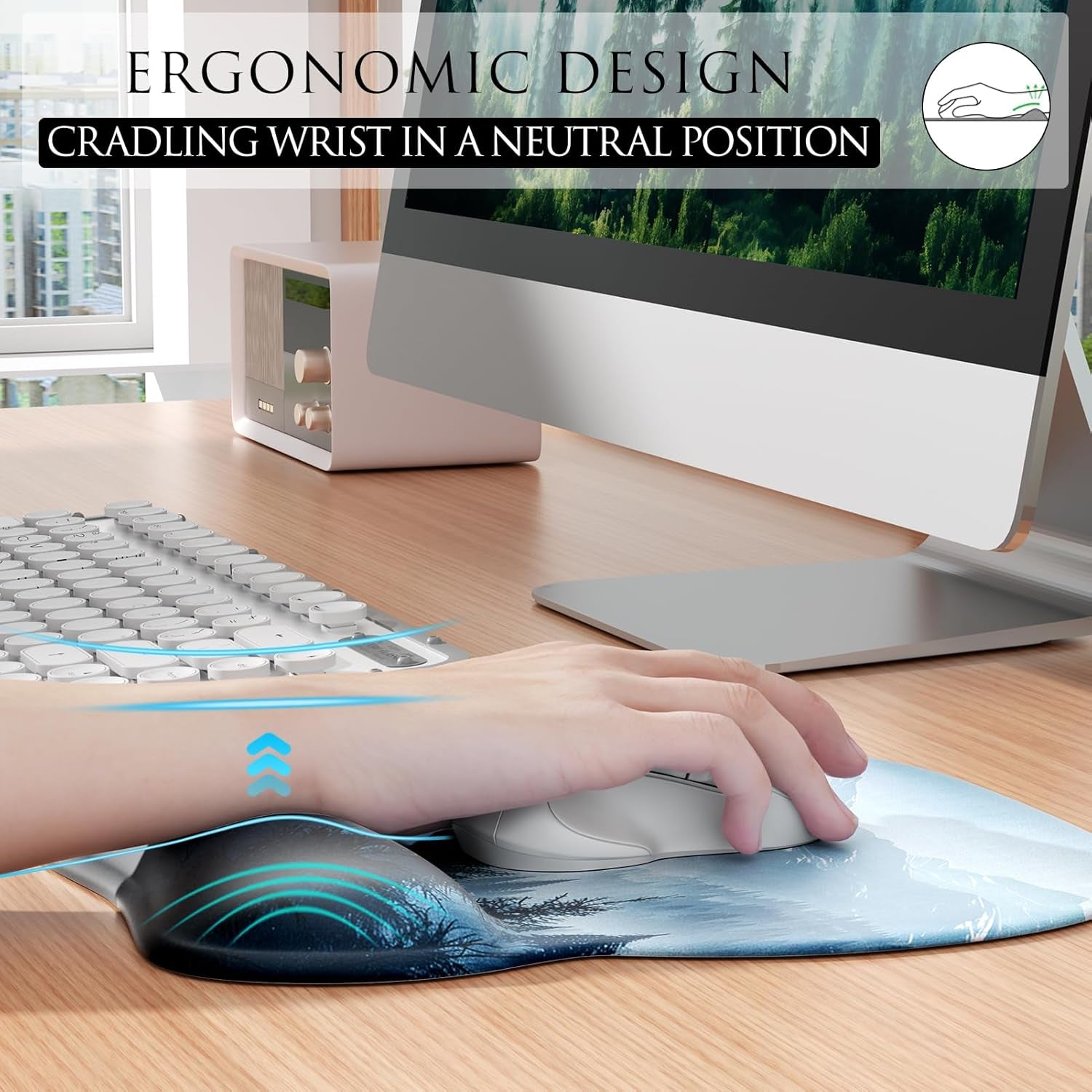 Ergonomic Mouse Pad with Gel Wrist Rest, 9.4 X 8.1 In, Cloud Forest | Ergonomic Shape Design, Multiple Pattern Options, Gel Wrist Comfort, Smooth Lycra Surface, Non-Slip PU Base
