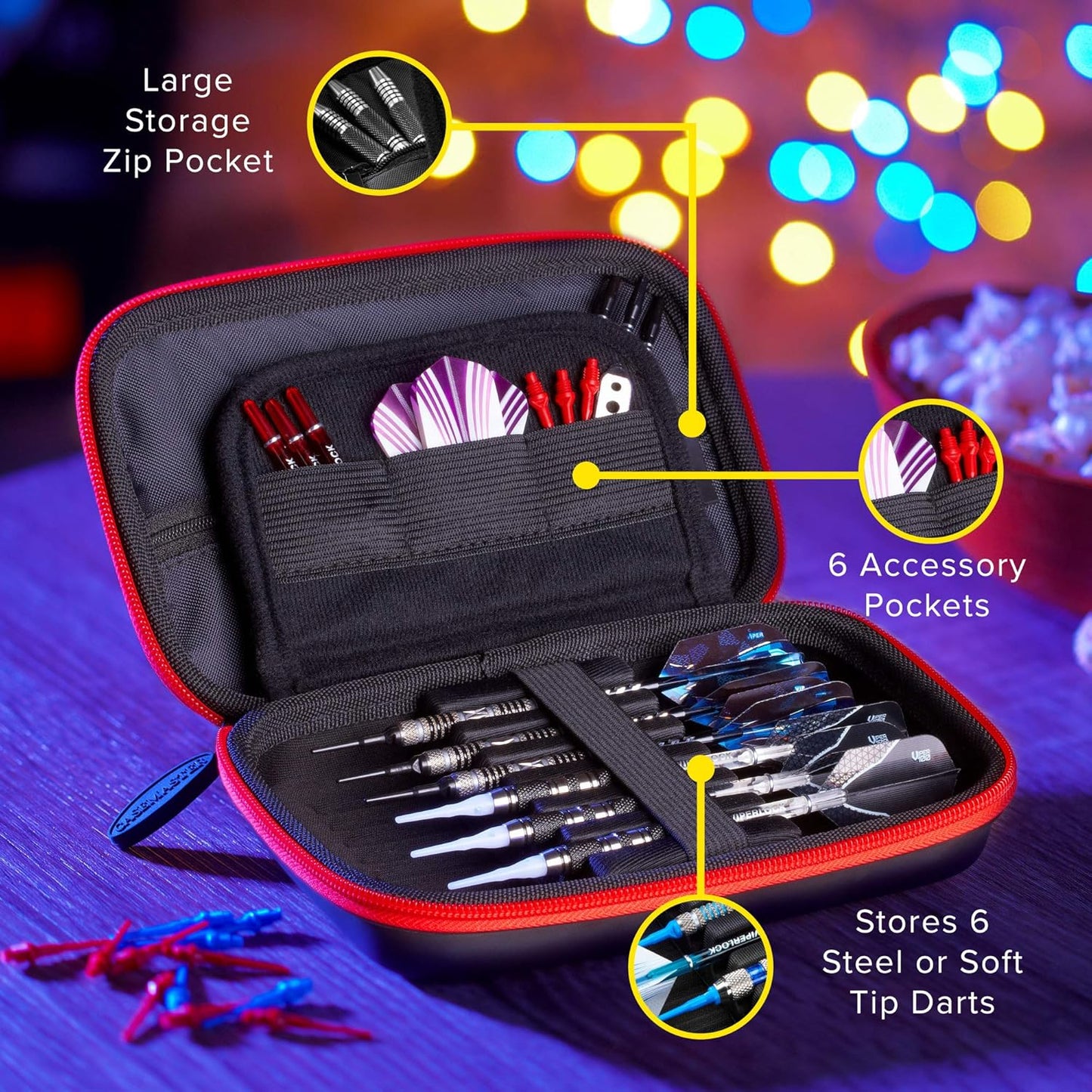 Sentinel 6 Dart Case, Holds Extra Accessories, Tips, Shafts and Flights, Compatible with Steel and Soft Tip Darts, Impact & Water Resistant Tactech Shell, Red Zipper
