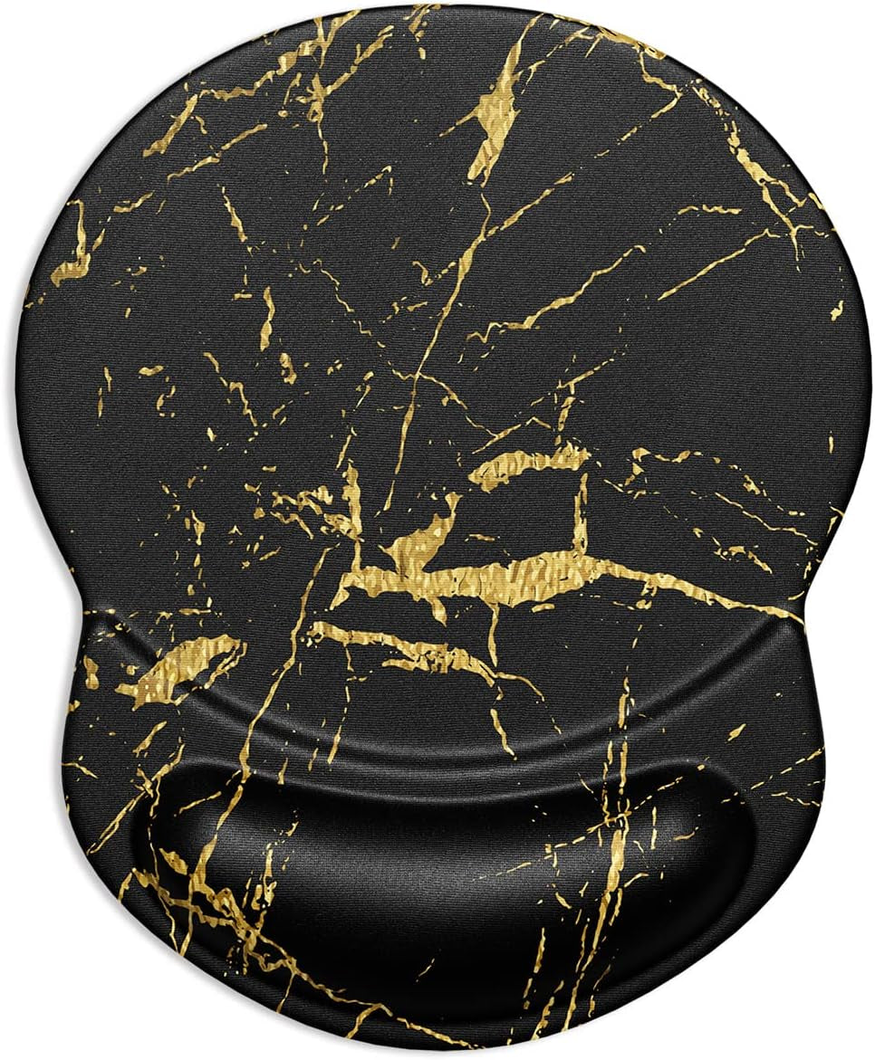 Ergonomic Mouse Pad with Gel Wrist Support Small Wrist Rest Smooth Surface Non-Slip PU Base Comfortable Office Supplies Pain Relief, 8.7 X 7.2 Inches, Black Gold Marble