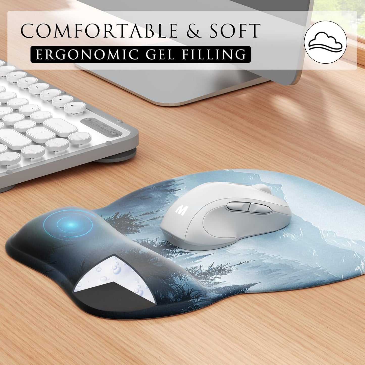 Ergonomic Mouse Pad with Gel Wrist Rest, 9.4 X 8.1 In, Cloud Forest | Ergonomic Shape Design, Multiple Pattern Options, Gel Wrist Comfort, Smooth Lycra Surface, Non-Slip PU Base