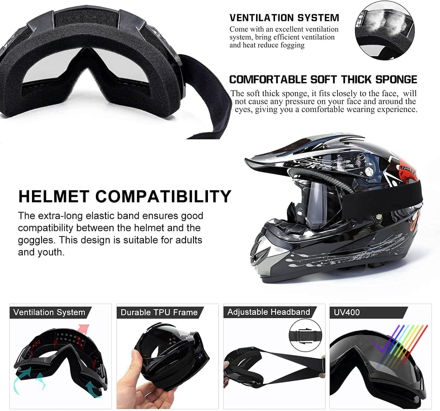 Motocross Dirt Bike Motorcycle Goggles for Youth and Adult | UV400 Windproof Dustproof,Offroad ATV MX General Riding Goggles,With Adjustable Strap
