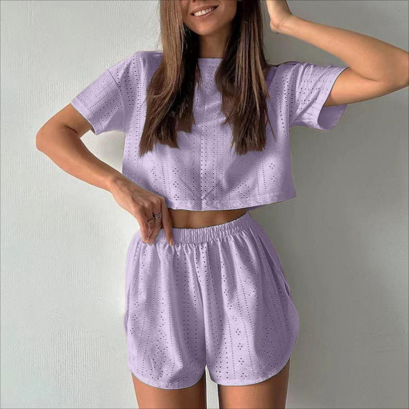 2Pcs Casual Hollow Suit with Short-Sleeved Crop Top and Elastic Slit Shorts Summer Fashion Sport Clothing for Women