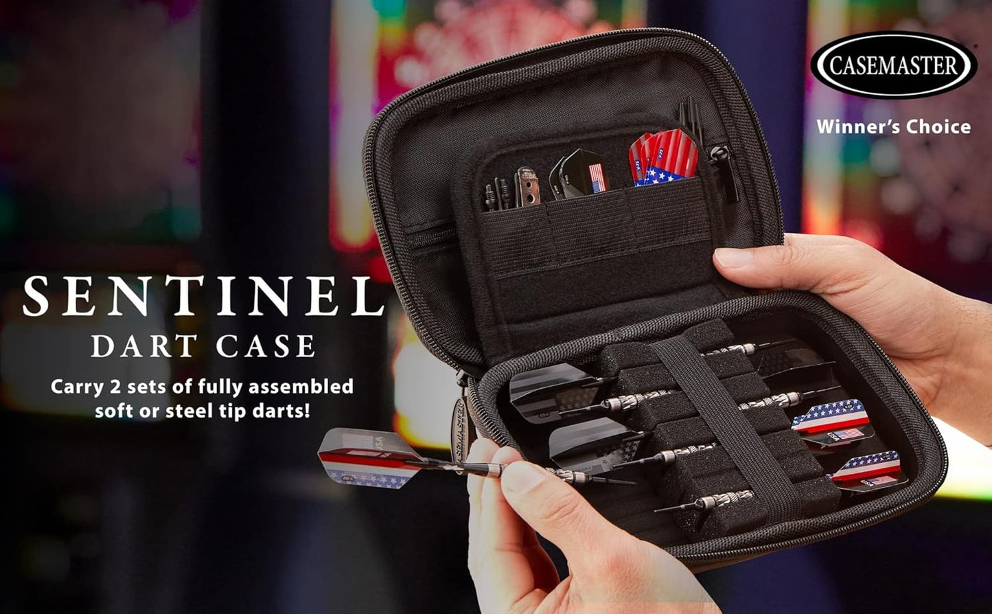 Sentinel 6 Dart Case, Holds Extra Accessories, Tips, Shafts and Flights, Compatible with Steel and Soft Tip Darts, Impact & Water Resistant Tactech Shell, Red Zipper