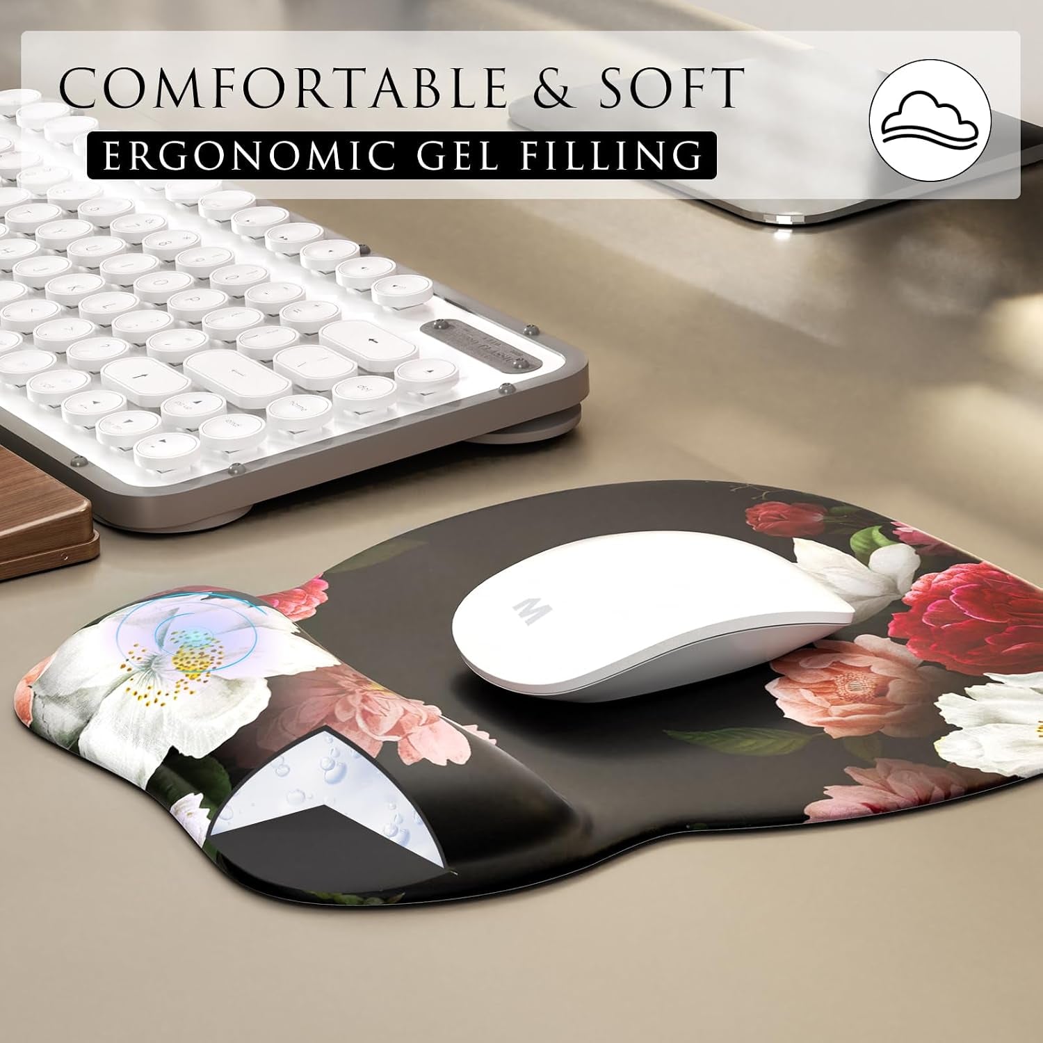 Ergonomic Mouse Pad with Gel Wrist Rest, 9.4 X 8.1 In, Black Flower | Ergonomic Shape Design, Multiple Pattern Options, Gel Wrist Comfort, Smooth Lycra Surface, Non-Slip PU Base