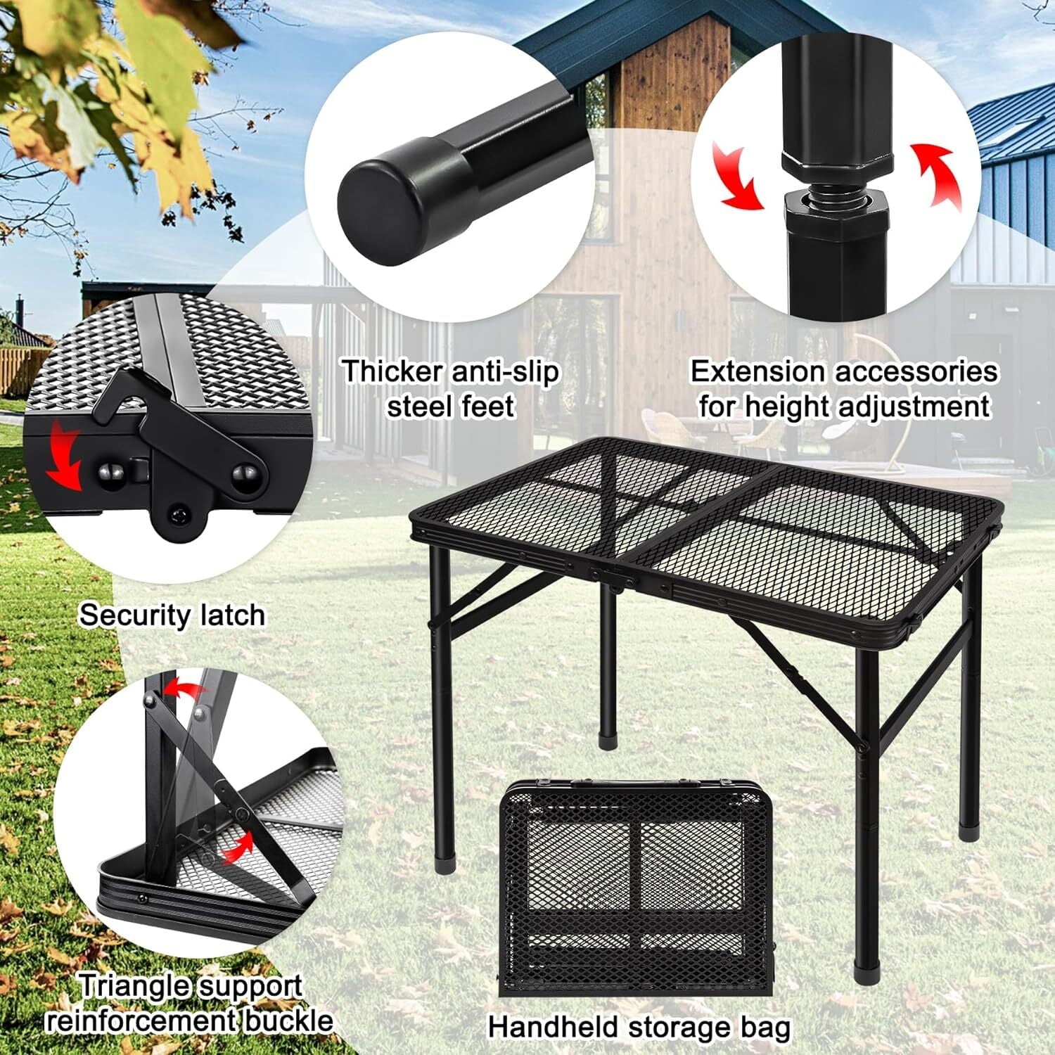 Lightweight Folding Grill Table with Mesh Desktop, Camping Table Folding Portable Camp Aluminum ,Picnic, Backyard, BBQ, Patio, Black